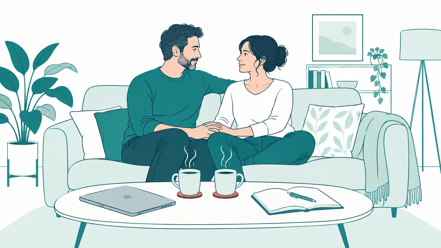 Ilustrație caldă reprezentând un cuplu care discută deschis pe o canapea într-un living primitor, simbolizând echilibrul, comunicarea și intimitatea sănătoasă.