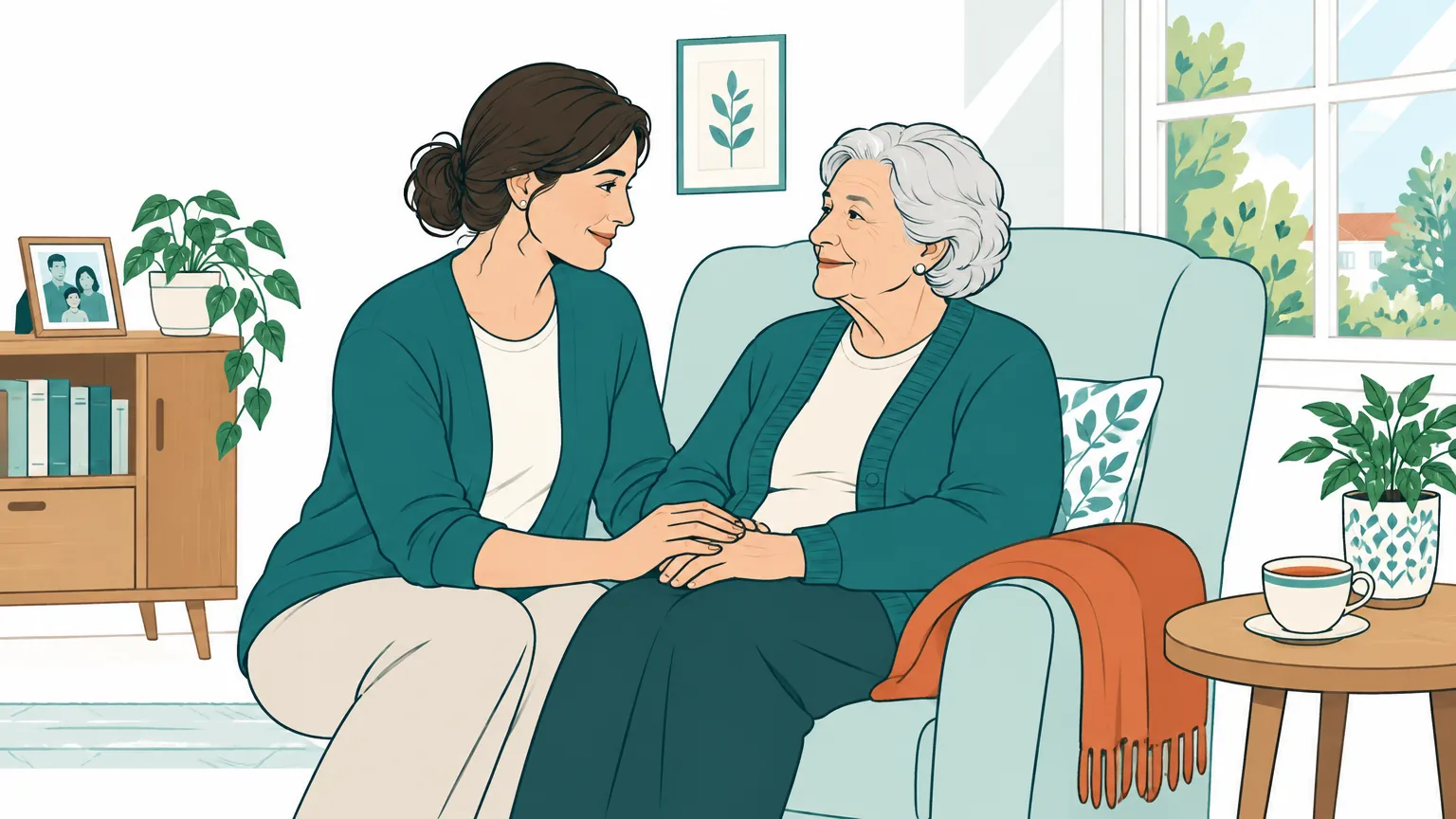 Ilustrație caldă în care o femeie adultă ține cu grijă mâinile unei persoane vârstnice, sugerând afecțiunea și sprijinul necesar în îngrijirea unei persoane dragi cu Alzheimer.