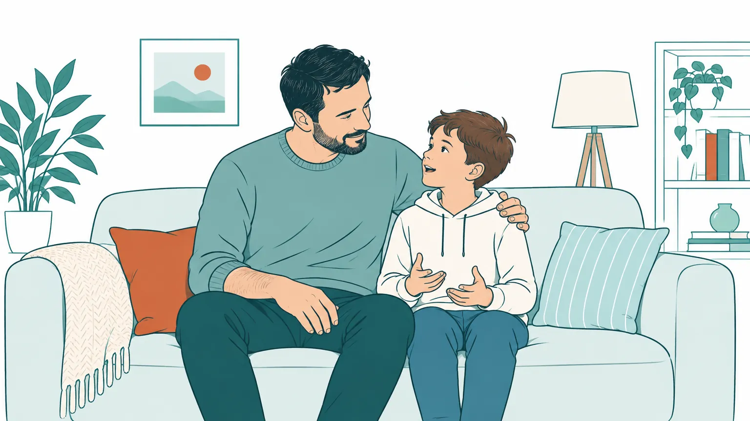 Ilustrație caldă cu un tată care își ascultă cu blândețe fiul, oferindu-i sprijin emoțional și siguranță.