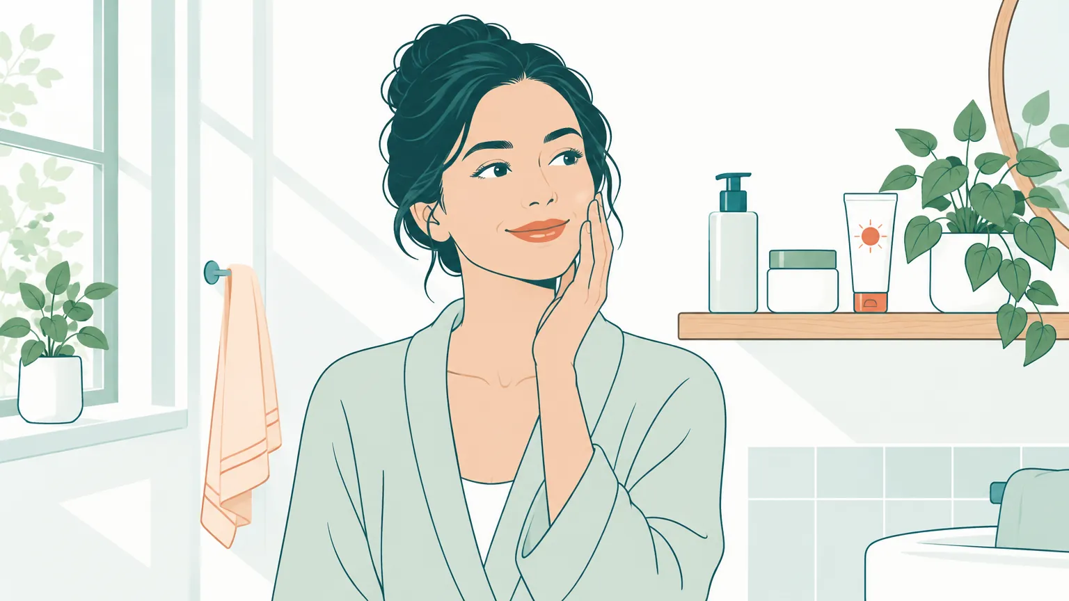 Ilustrație blândă ce înfățișează o femeie zâmbitoare îngrijindu-și tenul sănătos într-o atmosferă luminoasă și relaxantă, alături de produse esențiale de hidratare.