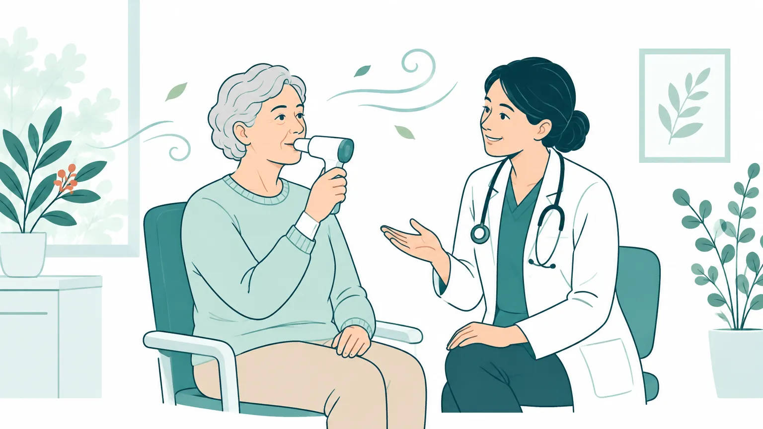 Ilustrație caldă cu un pacient matur care efectuează o spirometrie ghidat de un medic într-un cabinet luminos și prietenos.