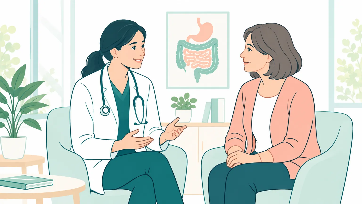 Ilustrație caldă reprezentând o consultație medicală liniștitoare între o doctoriță și o pacientă pe tema sănătății digestive.