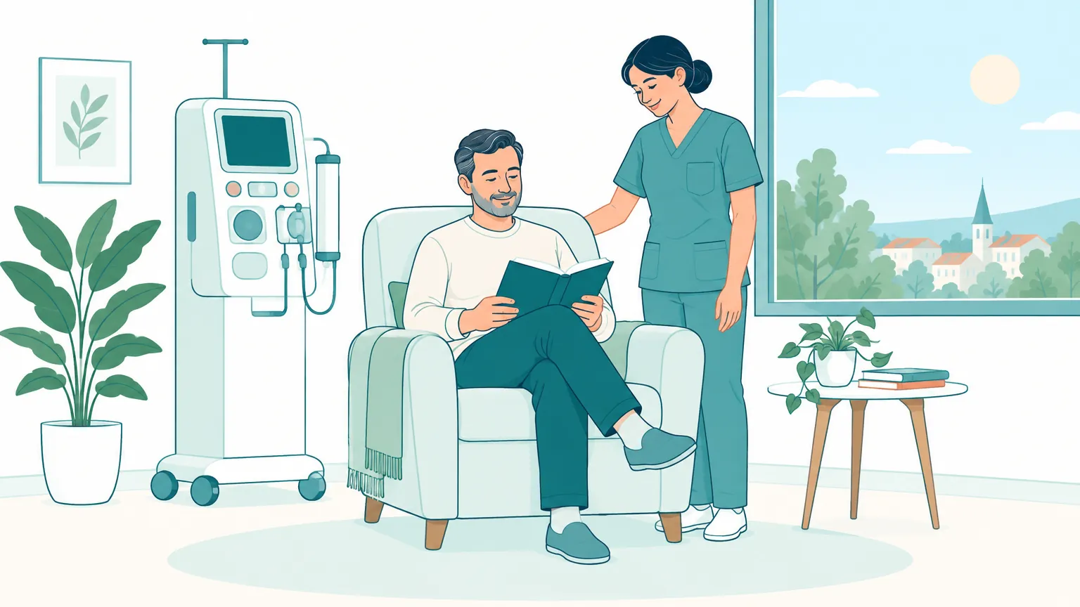 Ilustrație caldă a unui pacient relaxat într-un fotoliu confortabil dintr-un salon luminos, asistat cu grijă de o asistentă medicală lângă un aparat modern de dializă.