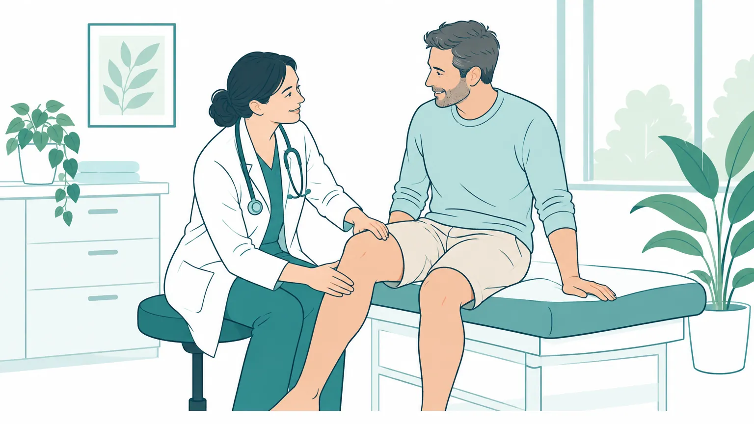 Ilustrație prietenoasă în care un medic examinează cu atenție genunchiul unui pacient adult într-un cabinet luminos, sugerând îngrijirea articulațiilor.
