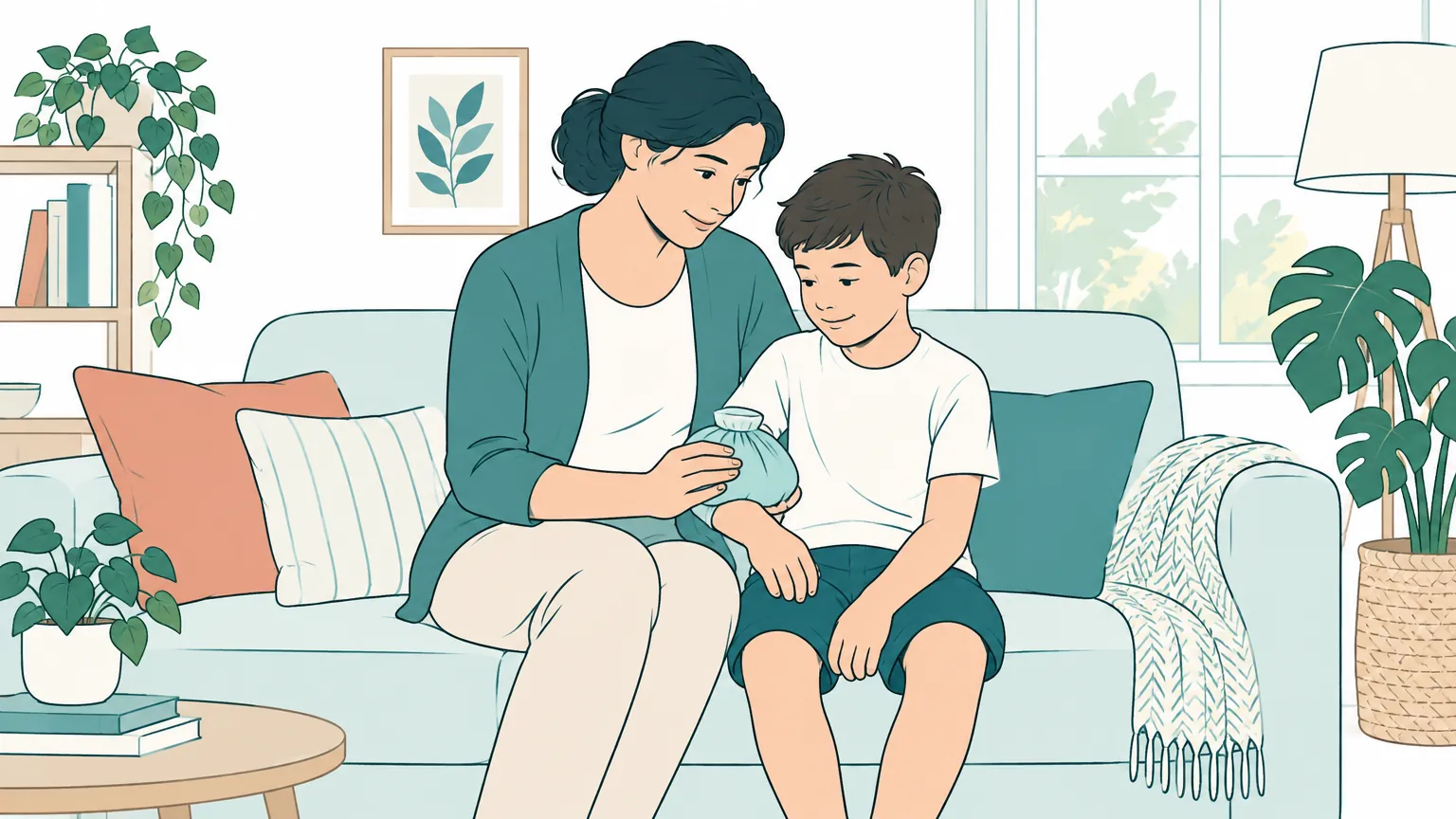 Ilustrație caldă în care o mamă îi aplică băiatului său o compresă rece pe braț, într-o atmosferă liniștită de acasă, sugerând îngrijirea atentă și prevenția în cazul vânătăilor.