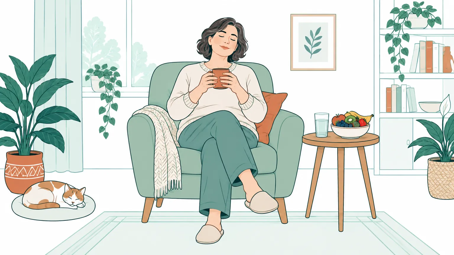 Ilustrație în tonuri calde cu o persoană așezată relaxat într-un fotoliu confortabil, simbolizând starea de bine digestivă și recuperarea.