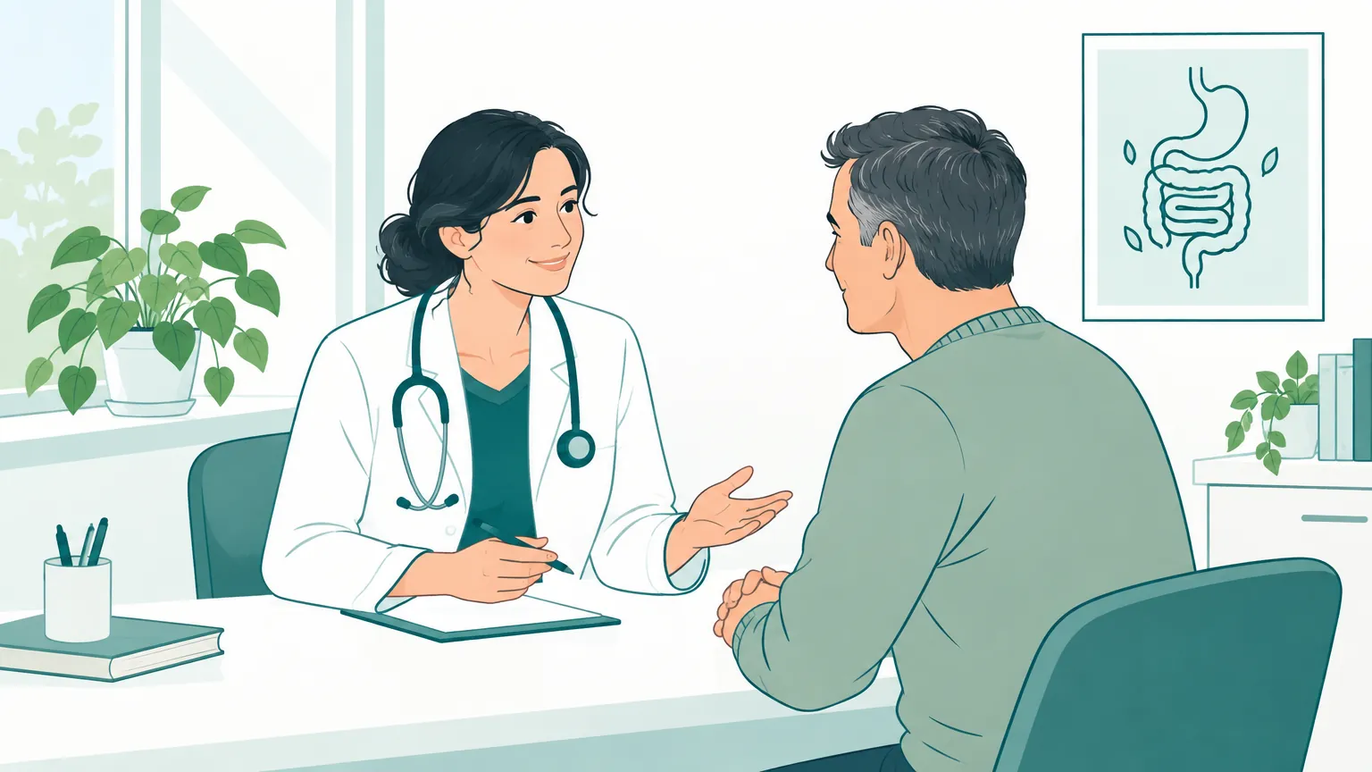 Ilustrație primitoare cu un medic care discută cu calm și empatie despre sănătatea digestivă cu un pacient, într-un cabinet luminos.