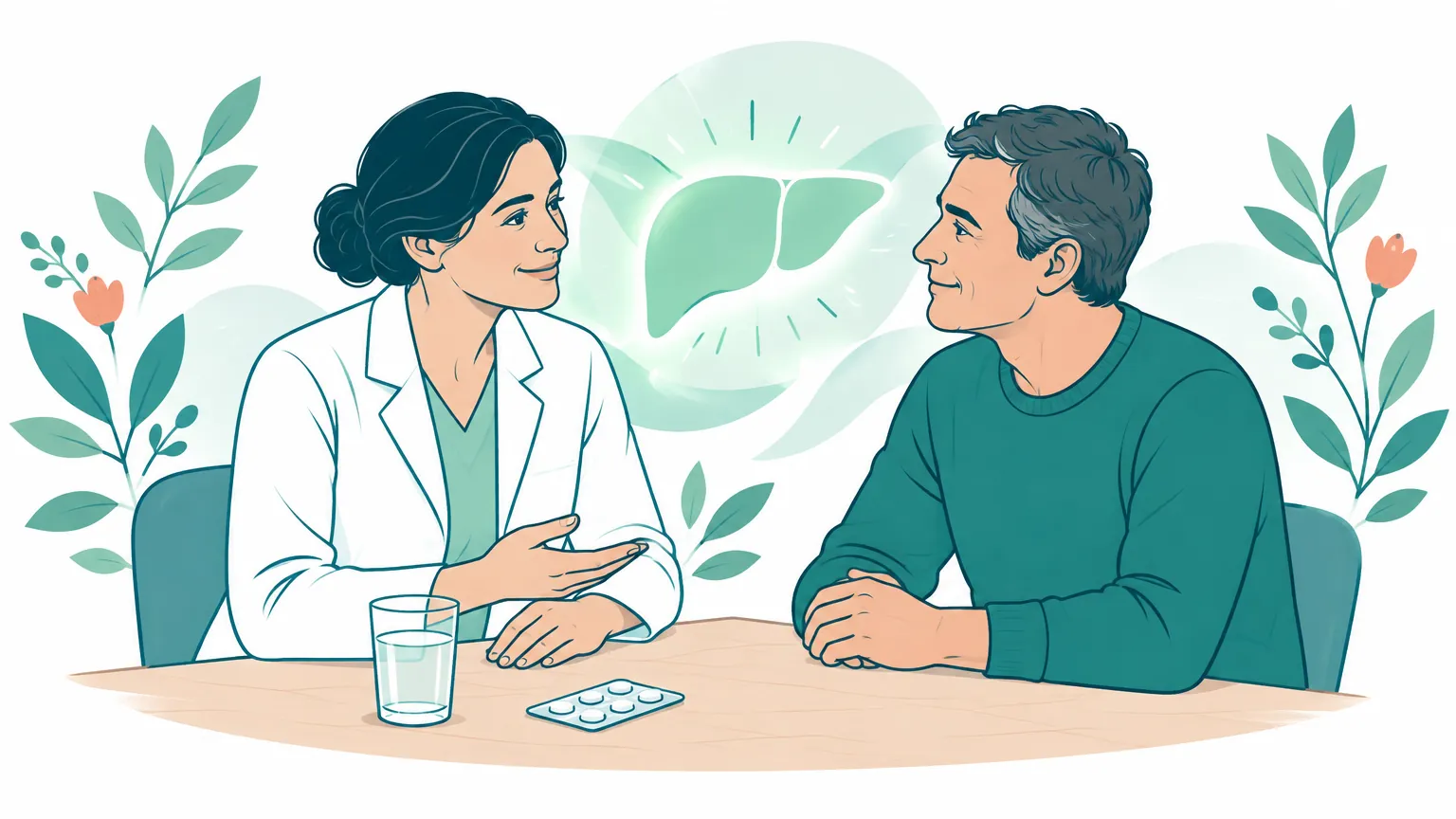 Ilustrație caldă și optimistă reprezentând un pacient și un medic într-un cabinet luminos, simbolizând tratamentul modern și vindecarea hepatitei C.