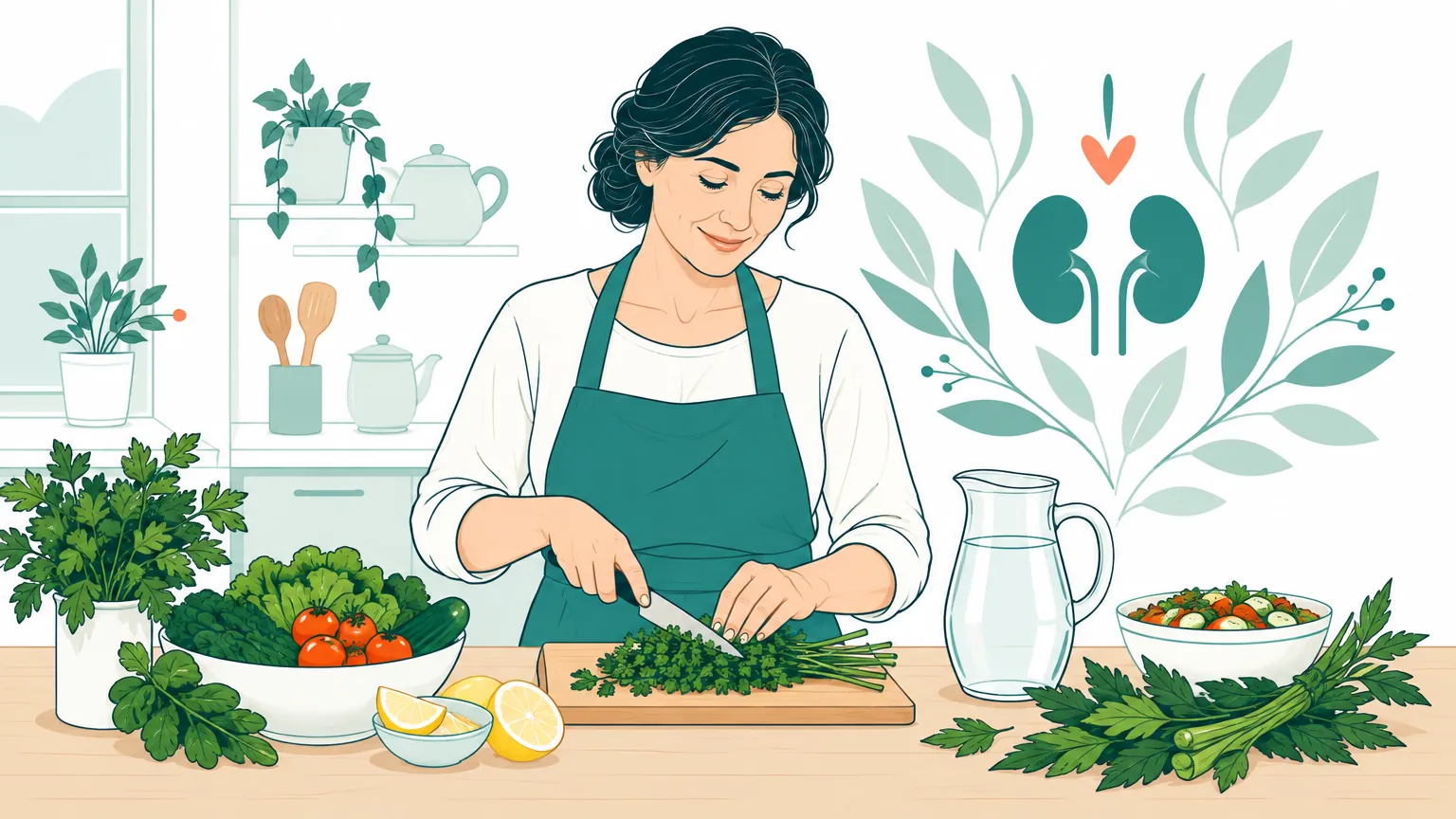 Ilustrație caldă cu o femeie care pregătește o masă proaspătă și sănătoasă cu legume și verdețuri, reprezentând o dietă echilibrată pentru protejarea rinichilor.