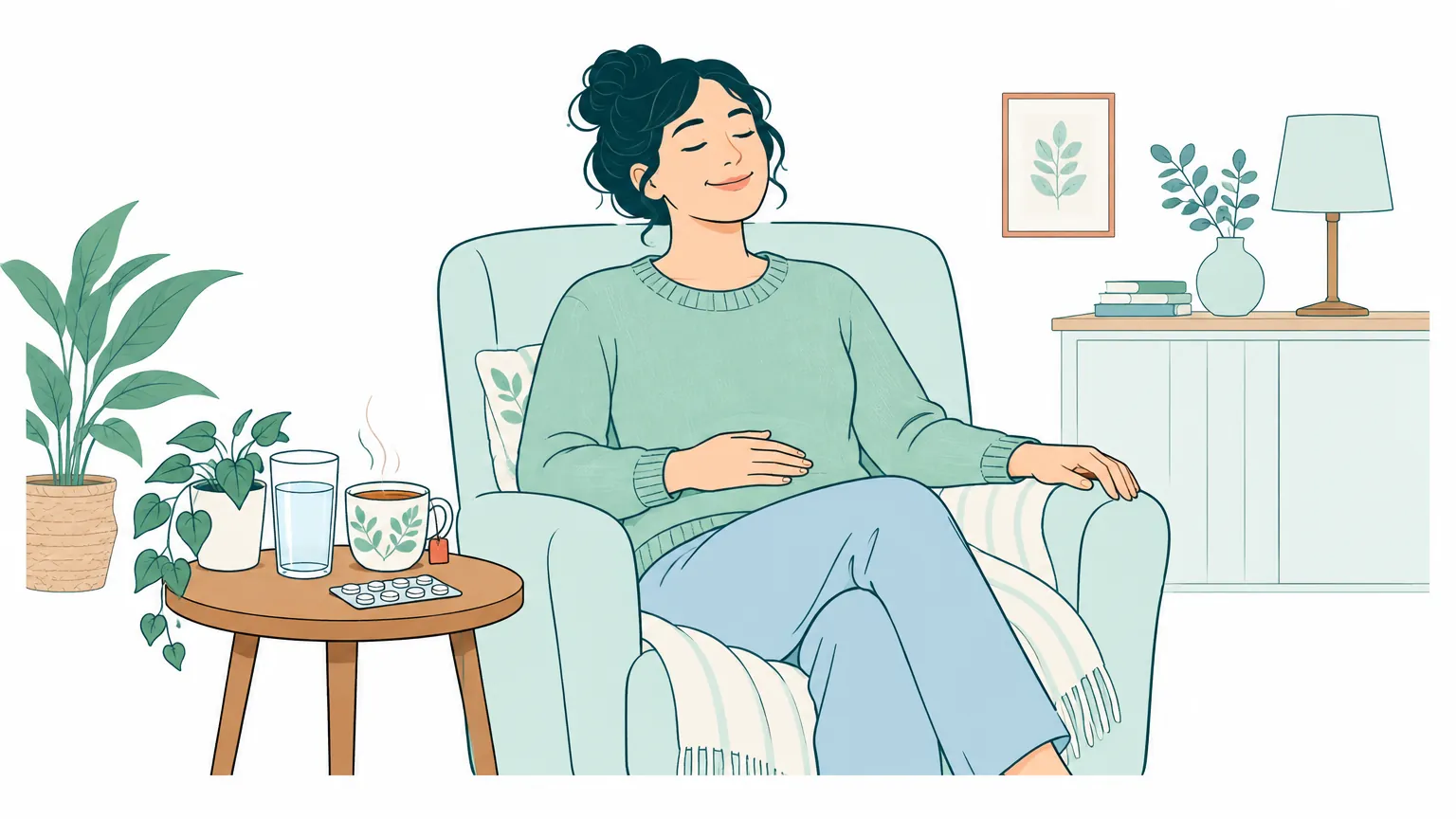 Ilustrație calmă reprezentând o persoană relaxată într-un fotoliu confortabil, lângă un pahar cu apă și un ceai cald, sugerând recuperarea și alinarea problemelor digestive.