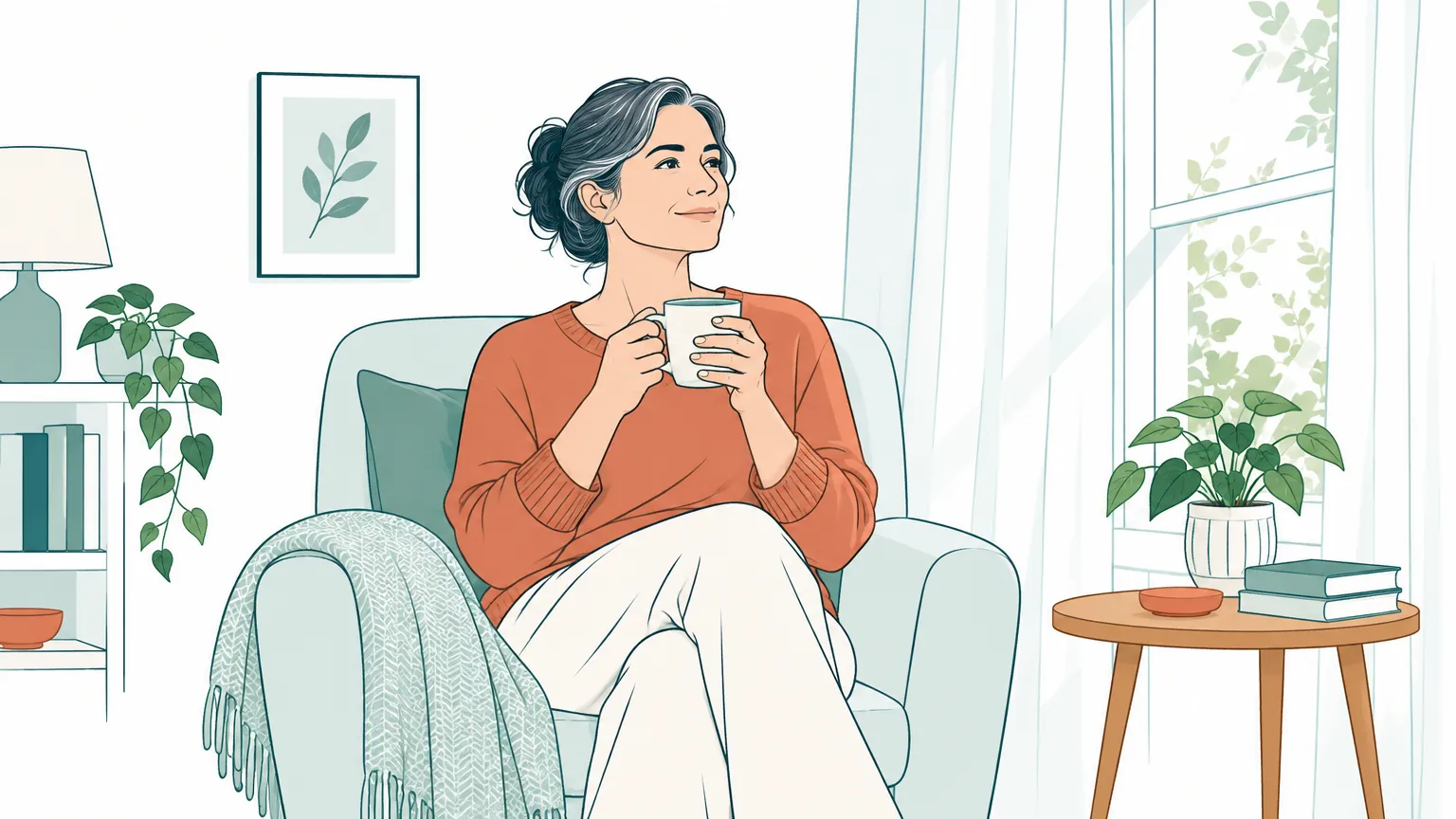 Ilustrație caldă reprezentând o femeie care se relaxează într-un fotoliu lângă fereastră cu o cană de ceai, simbolizând grija de sine și odihna necesară îngrijitorilor.