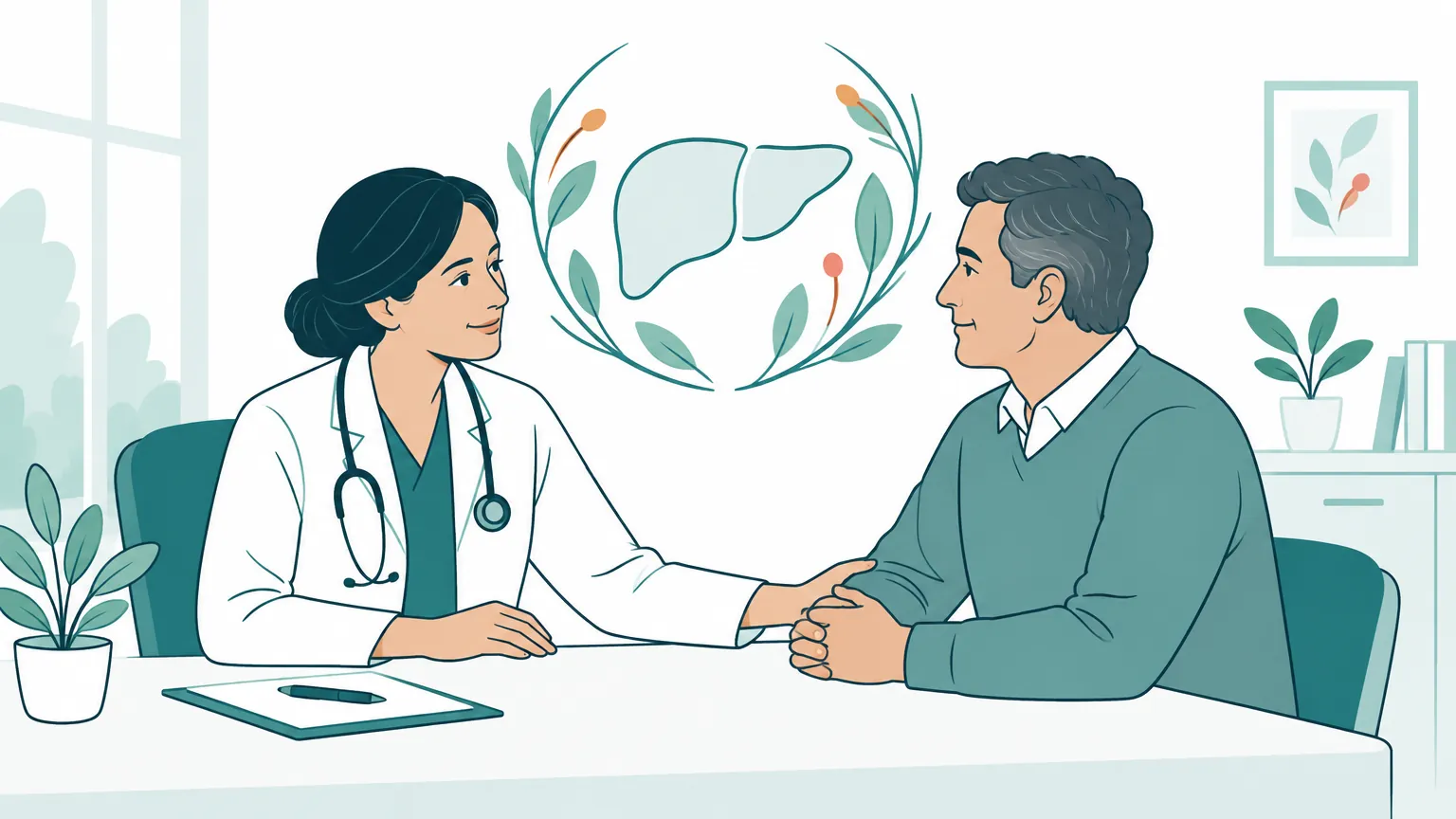 Ilustrație caldă și liniștitoare cu un medic care consultă cu atenție un pacient, evidențiind importanța îngrijirii medicale pentru sănătatea ficatului.