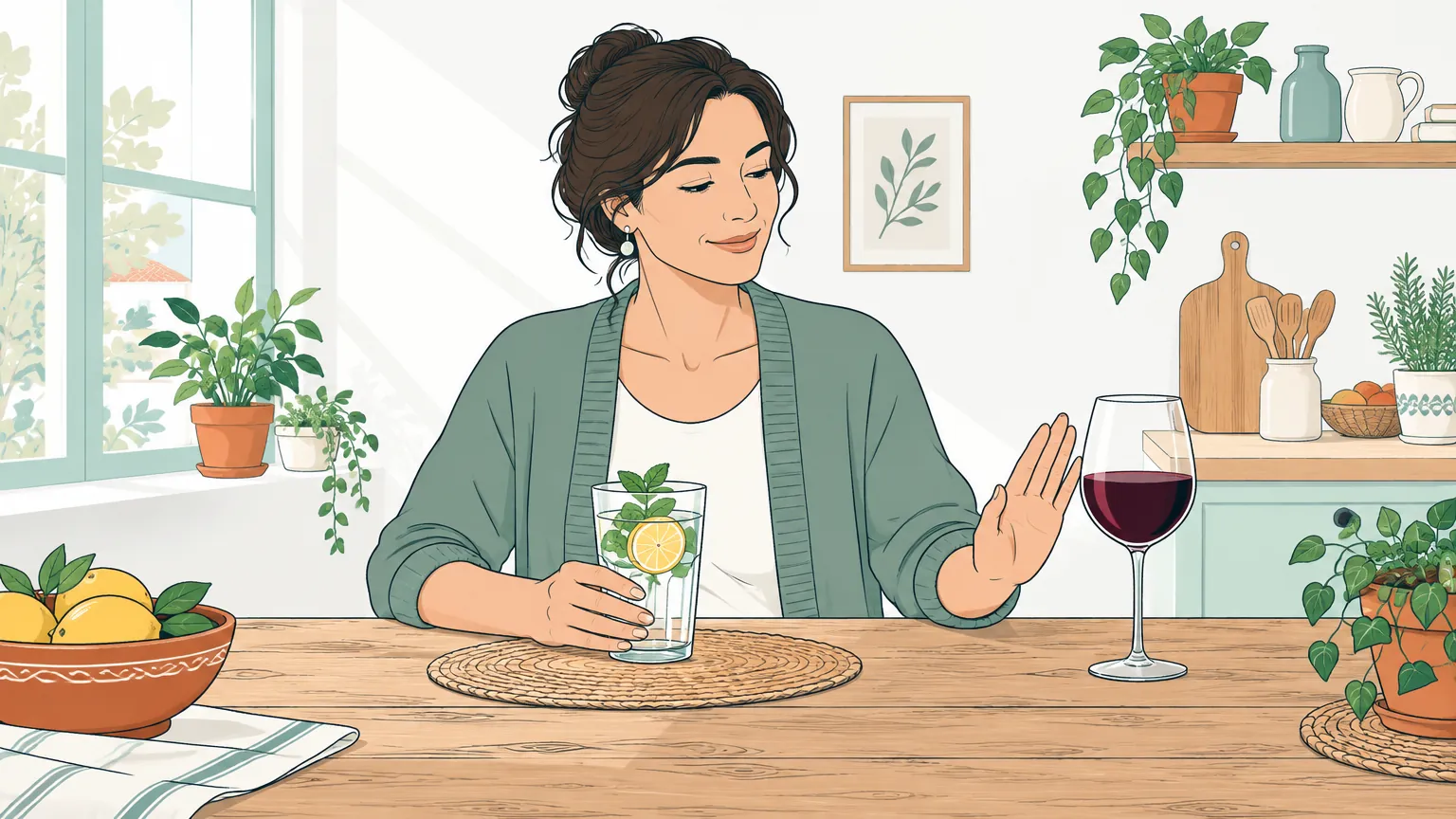 Ilustrație caldă cu o femeie așezată la masă care alege o băutură sănătoasă fără alcool în locul unui pahar cu vin.
