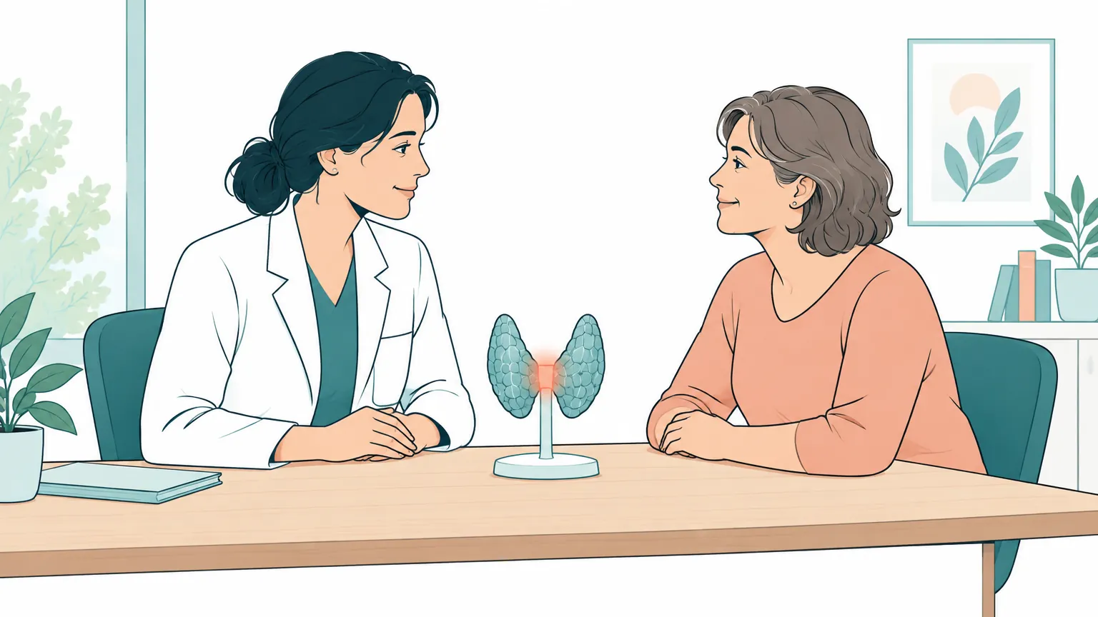 Ilustrație liniștitoare cu un medic care îi explică unei paciente procedura chirurgicală a tiroidei folosind un model stilizat în formă de fluture.