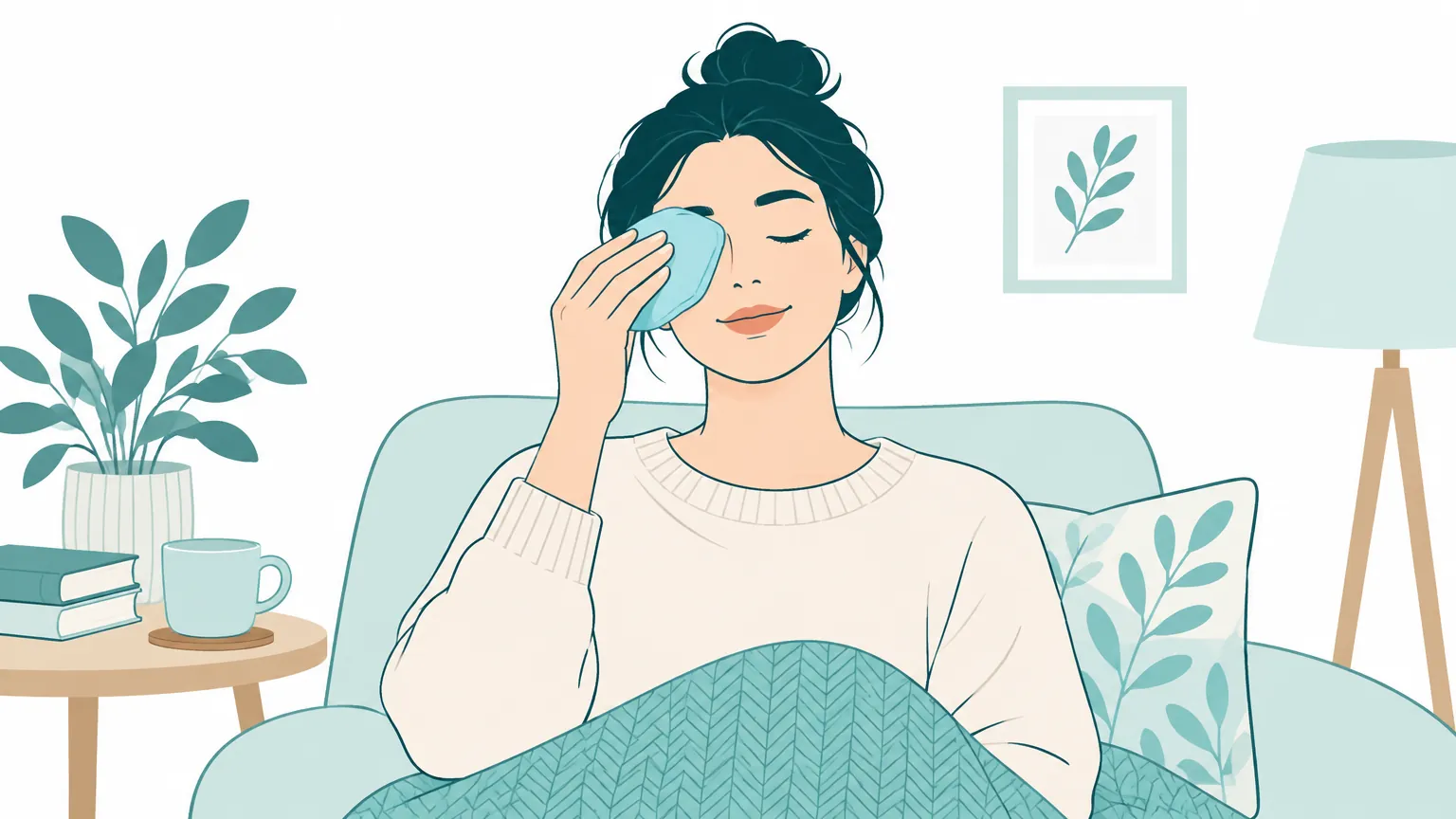 Ilustrație în tonuri calde și liniștitoare înfățișând o persoană care își alină disconfortul ochilor, sugerând îngrijirea și tratamentul keratoconjunctivitei.