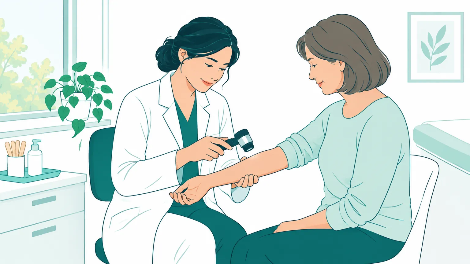 Ilustrație liniștitoare cu un medic dermatolog examinând cu atenție pielea unui pacient adult în timpul unui control preventiv.