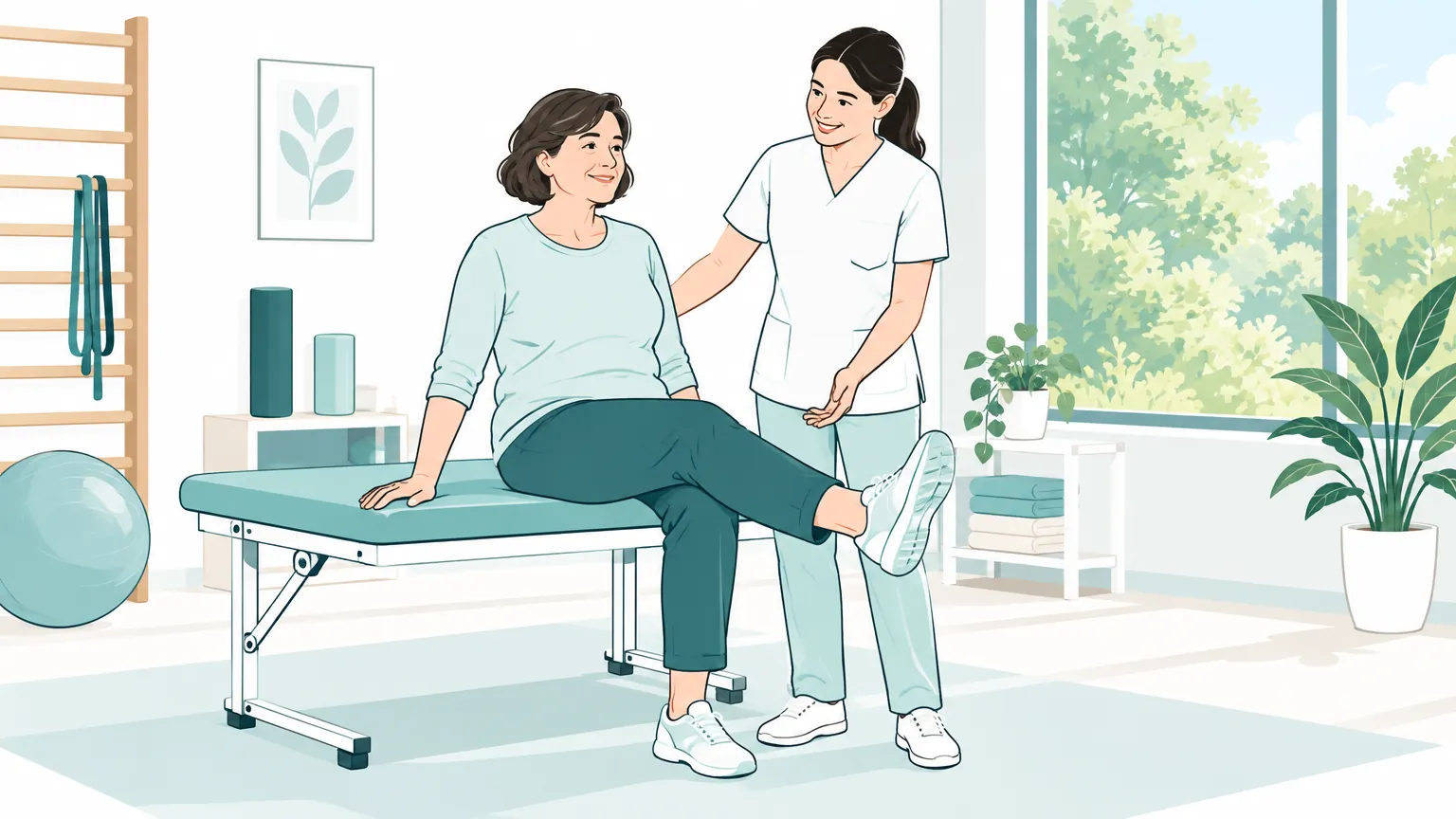 Ilustrație în culori calde reprezentând o femeie care face exerciții ușoare de recuperare a genunchiului asistată de o kinetoterapeută într-o sală luminoasă.