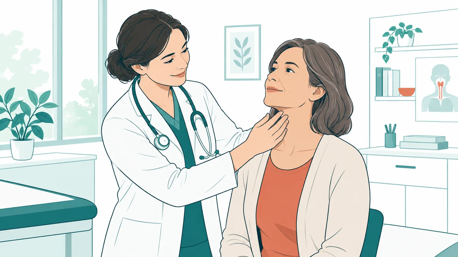 Ilustrație călduroasă cu un medic care examinează cu blândețe gâtul unei paciente într-un cabinet luminos, sugerând siguranță și diagnostic timpuriu.