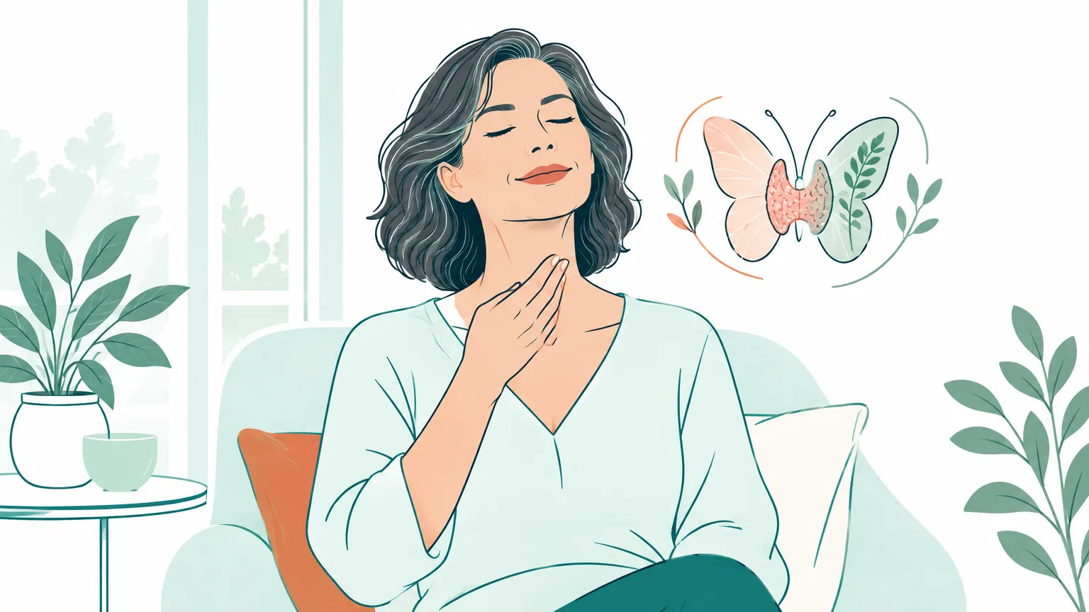 Ilustrație liniștitoare cu o femeie care își atinge ușor gâtul și un simbol discret de fluture, sugerând vindecarea și recuperarea după intervenția tiroidiană.