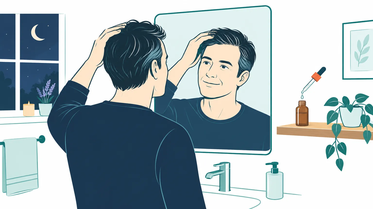 Ilustrație modernă și calmă reprezentând un bărbat care își îngrijește părul lângă o sticluță cu ser dermatologic, sugerând sănătatea și regenerarea scalpului.