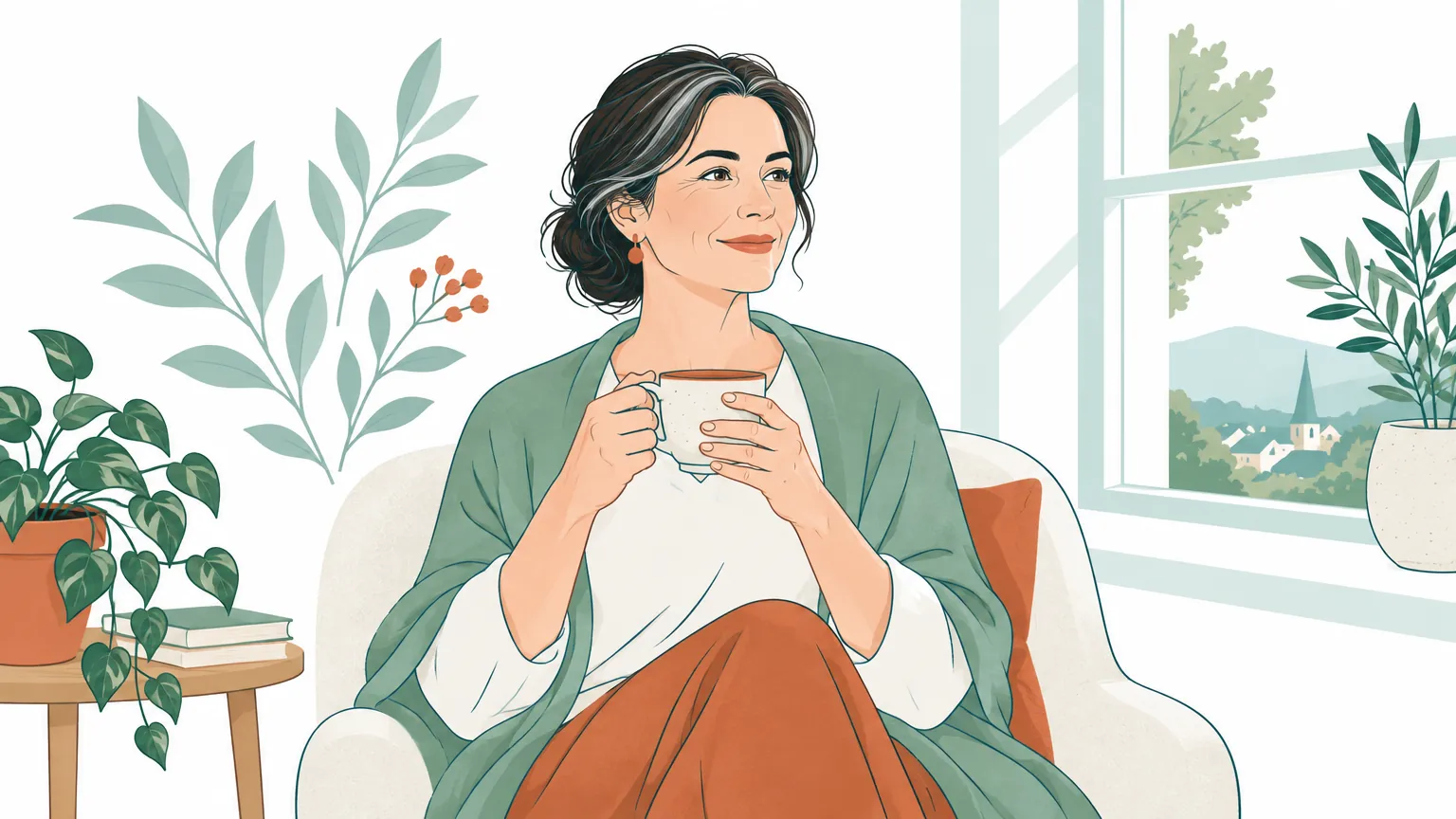 Ilustrație caldă reprezentând o femeie de vârstă mijlocie cu o expresie senină, sugerând echilibrul emoțional și starea de bine în perioada menopauzei.