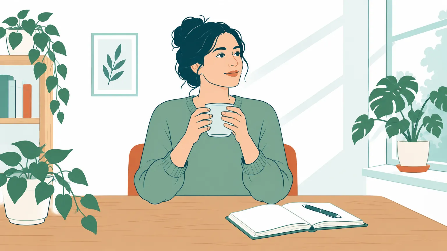 Ilustrație caldă și liniștitoare cu un adult așezat la o masă luminoasă, lângă un caiet de notițe și o cană cu ceai, sugerând calmul și depășirea treptată a anxietății de comunicare.