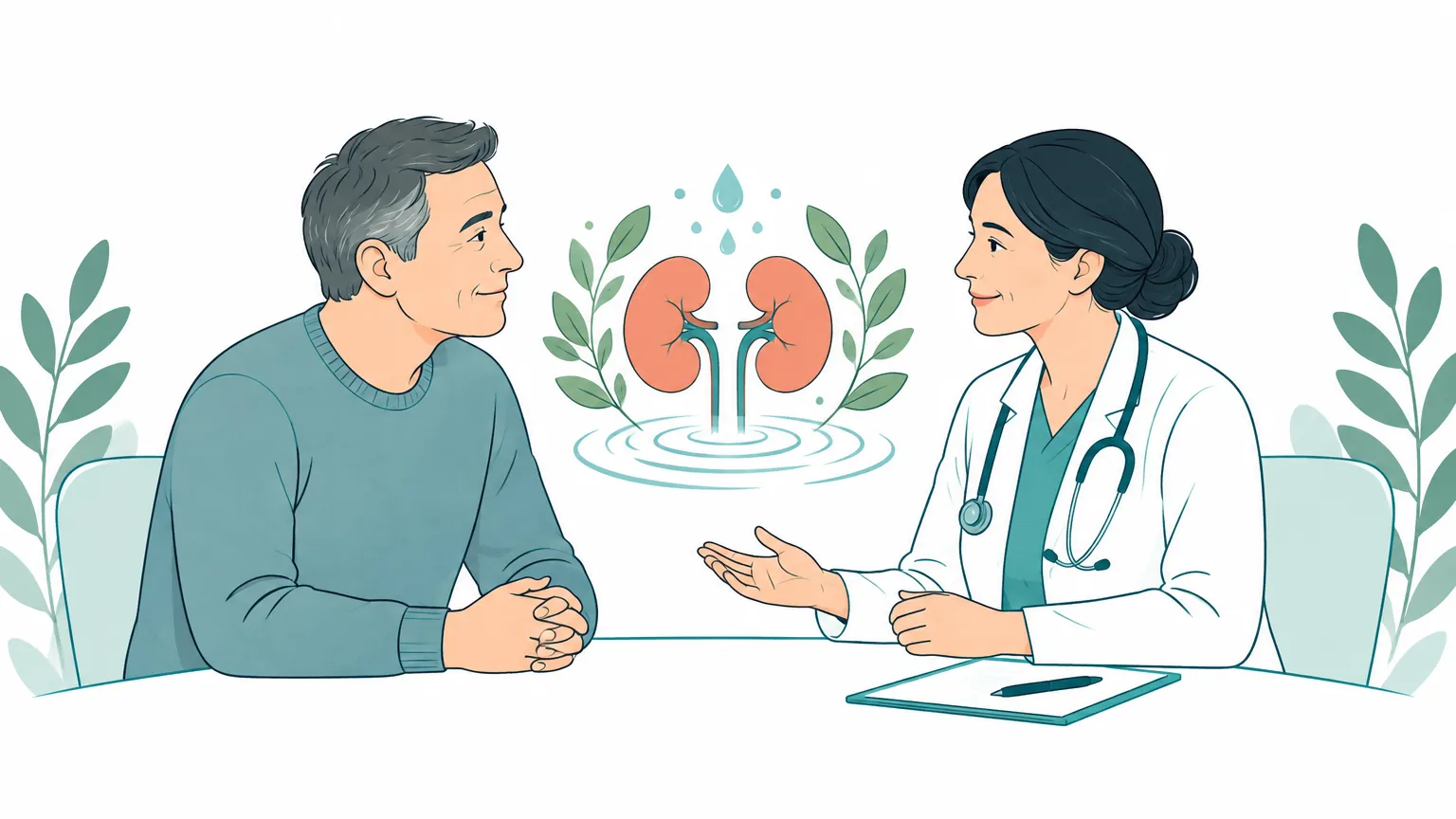 Ilustrație caldă și optimistă cu un pacient la o consultație medicală prietenoasă, alături de elemente vizuale stilizate ce simbolizează protejarea și sănătatea rinichilor.