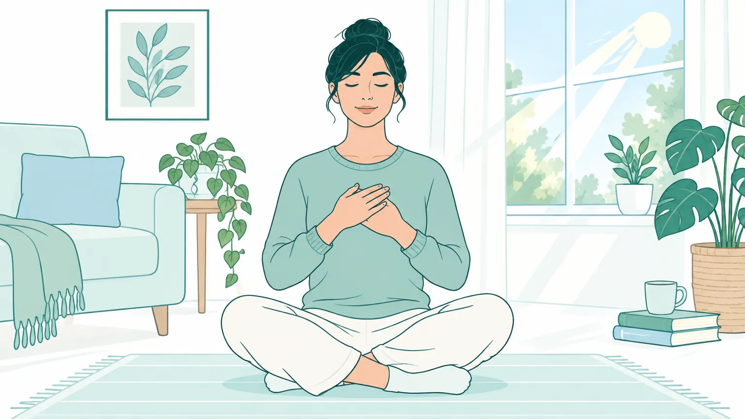 Ilustrație caldă cu o persoană care respiră liniștită într-o cameră luminoasă, sugerând vindecarea și gestionarea anxietății specifice TOC de contaminare.