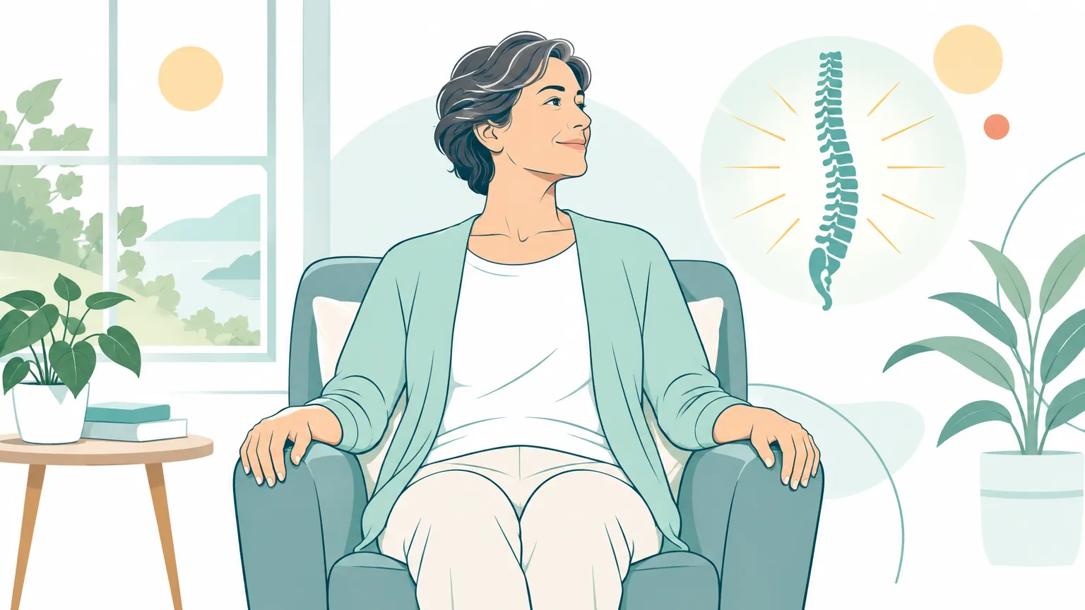 Ilustrație liniștitoare reprezentând o persoană adultă în perioada de recuperare și mobilitate recăpătată după o intervenție de fuziune cervicală.