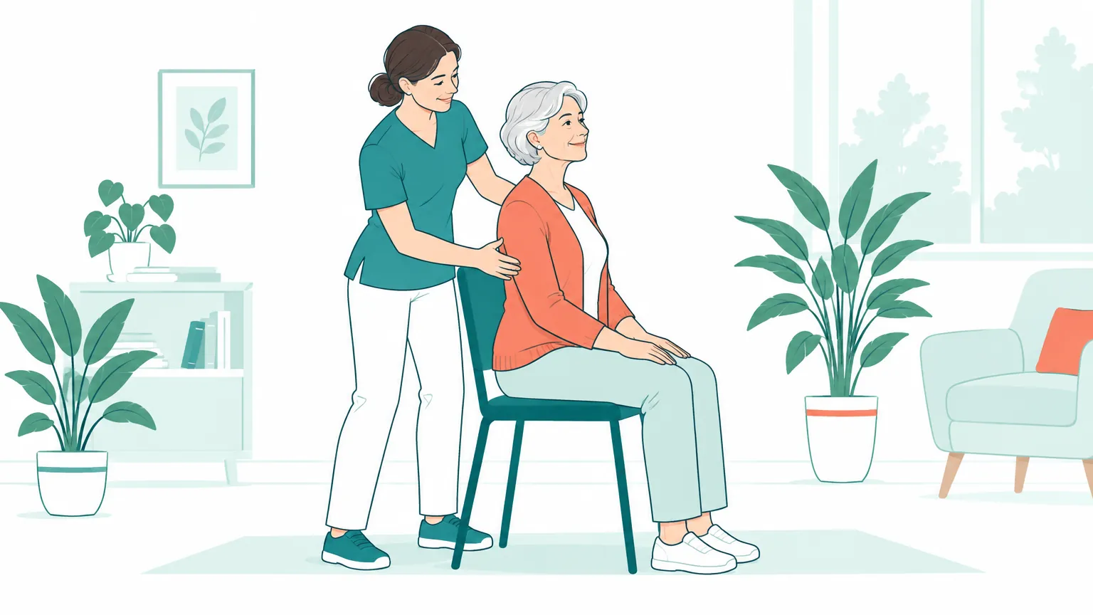 Ilustrație caldă în care un kinetoterapeut ghidează cu blândețe o femeie în vârstă într-un exercițiu ușor de îndreptare a posturii spatelui.