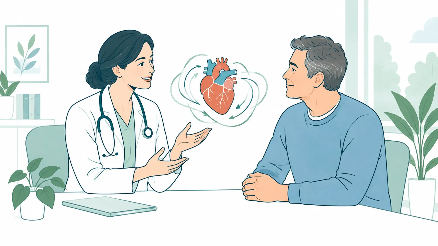 Ilustrație în nuanțe calde care prezintă un medic și un pacient discutând liniștiți despre sănătatea inimii și opțiunile de tratament.