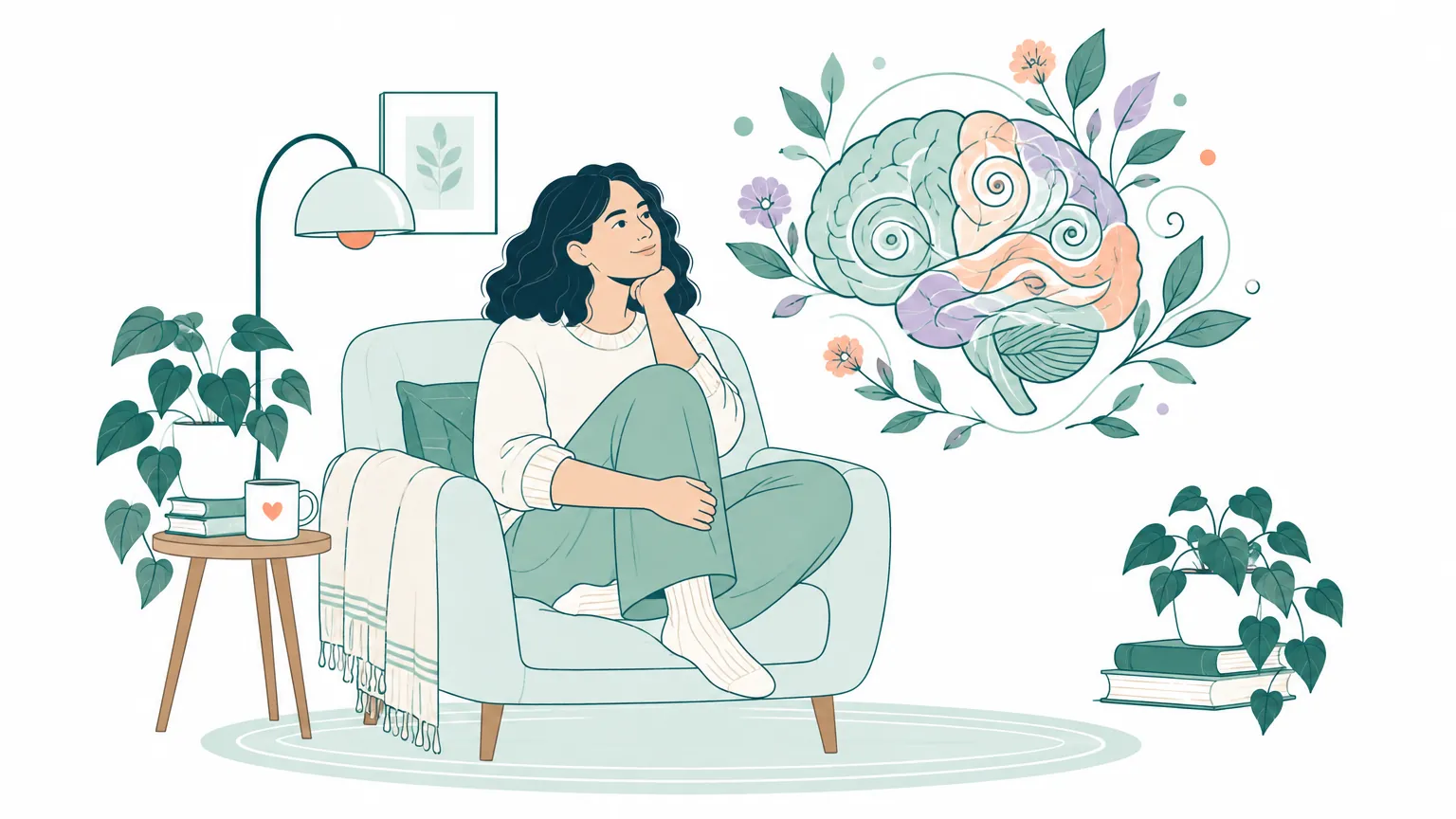 O ilustrație caldă și primitoare cu o persoană relaxată și motive geometrice armonioase ce simbolizează diversitatea tiparelor de gândire și a funcționării creierului.