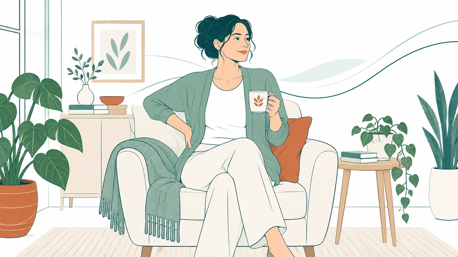 Ilustrație reconfortantă reprezentând o femeie așezată confortabil pe un fotoliu și sprijinindu-și ușor zona lombară, evocând atenția pentru sănătatea spatelui și îngrijirea în adenomioză.