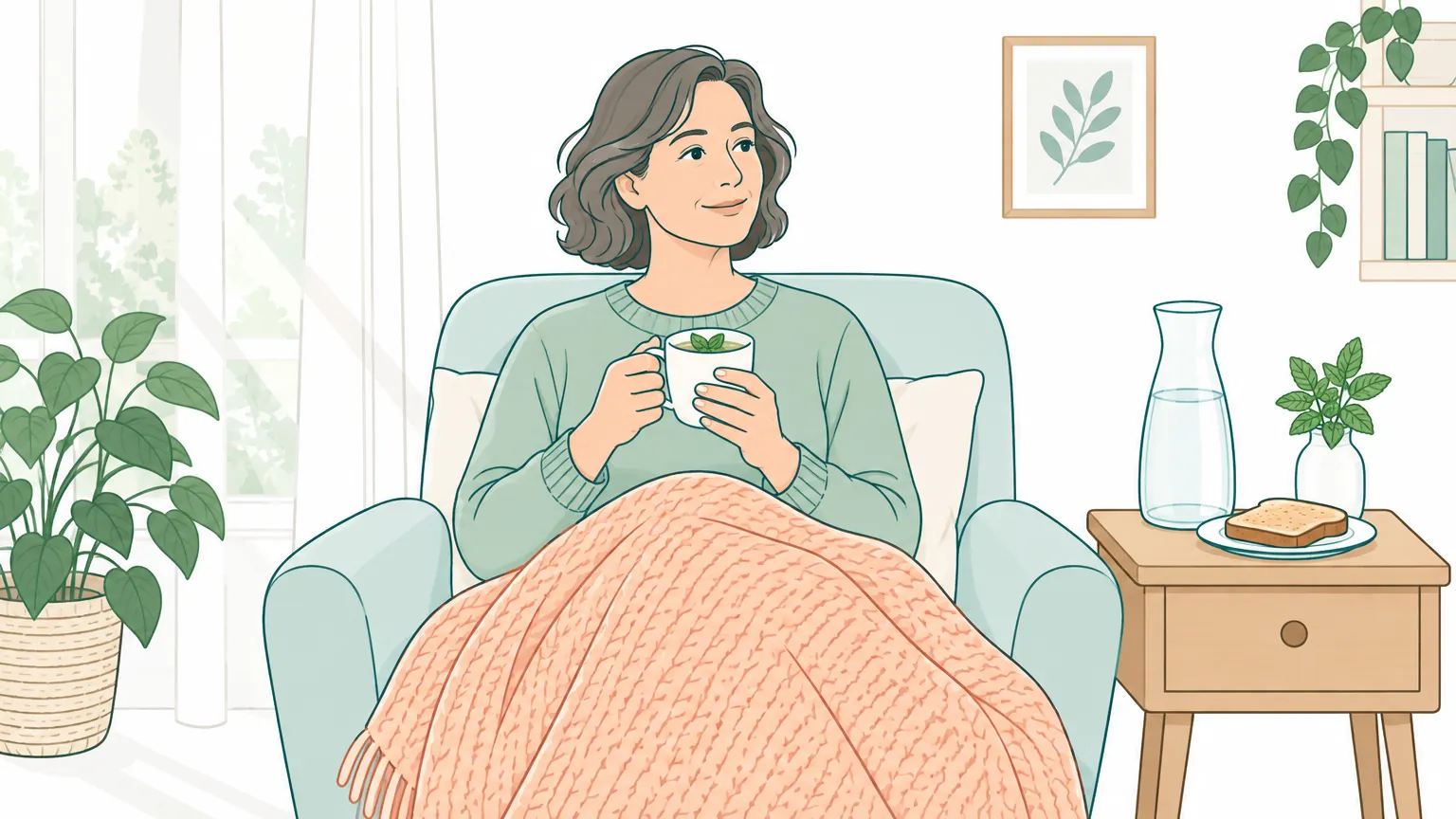 Ilustrație calmă în nuanțe calde cu o femeie care se odihnește într-un fotoliu confortabil, ținând o cană de ceai cald, având alături apă pentru hidratare.