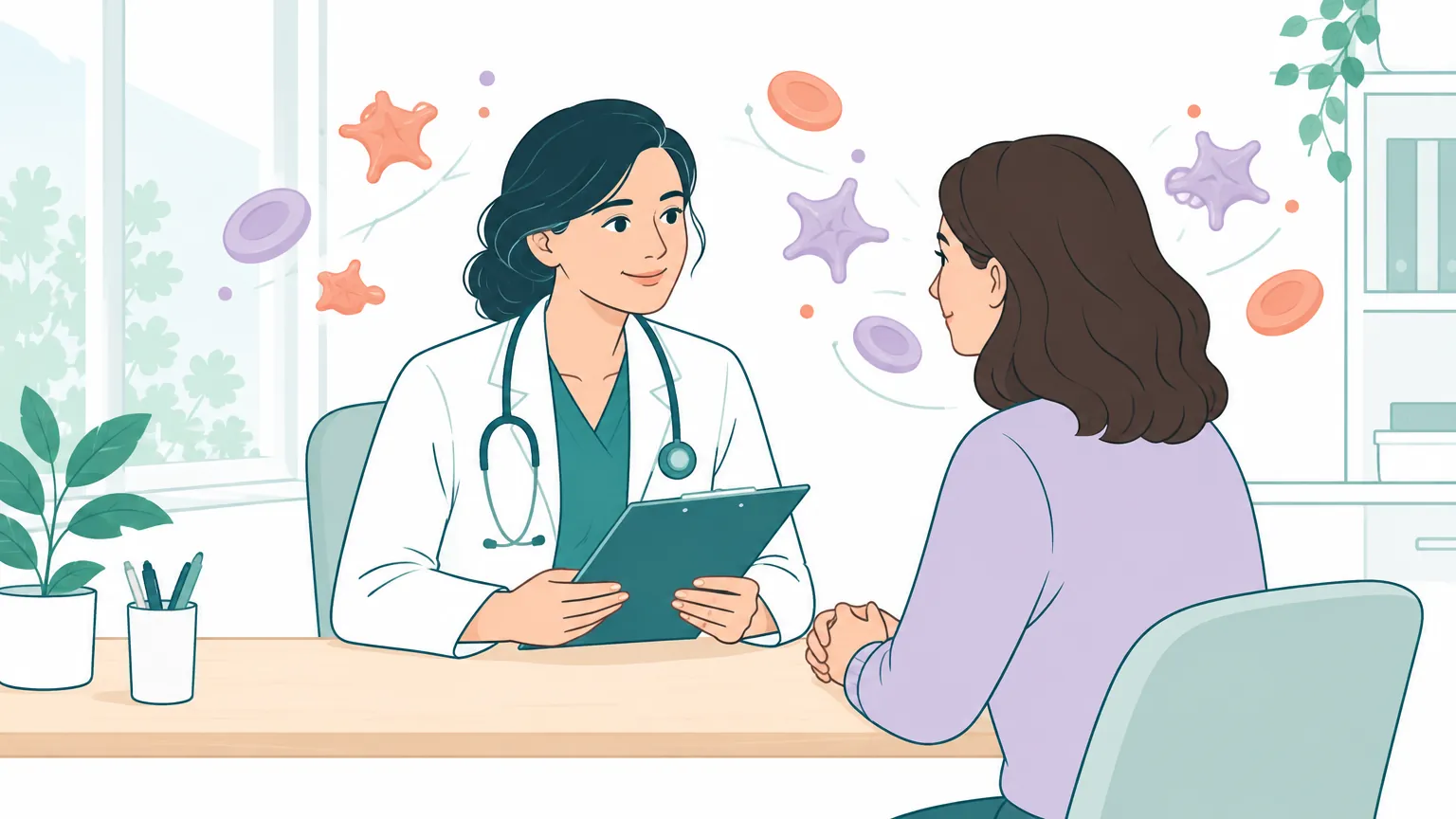 Ilustrație caldă în care un medic discută liniștit cu un pacient despre monitorizarea analizelor de sânge, pe un fundal cu elemente celulare stilizate.