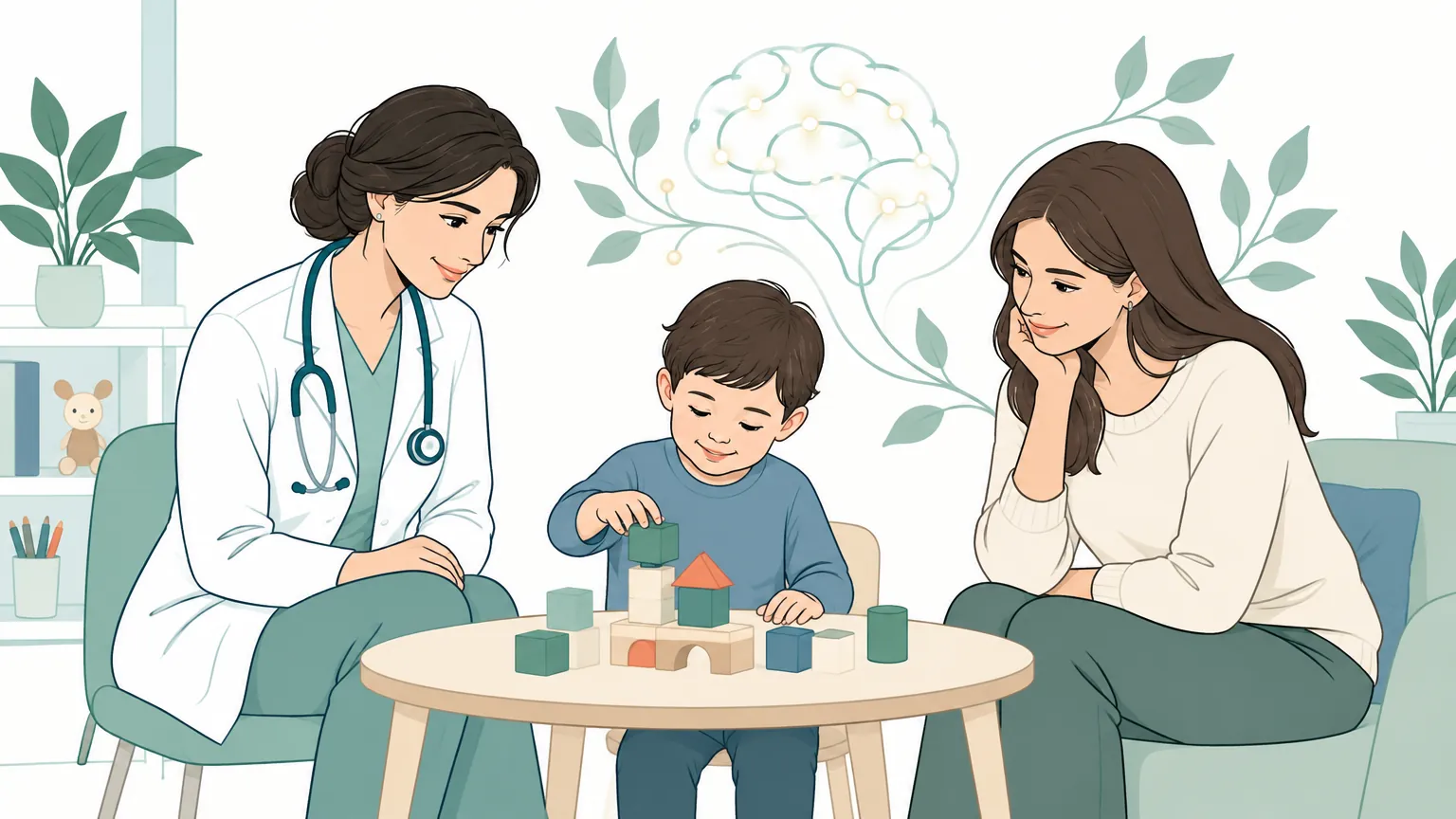 Ilustrație caldă reprezentând o consultație pediatrică blândă, în care un medic observă un copil mic jucându-se cu cuburi colorate alături de mama sa.