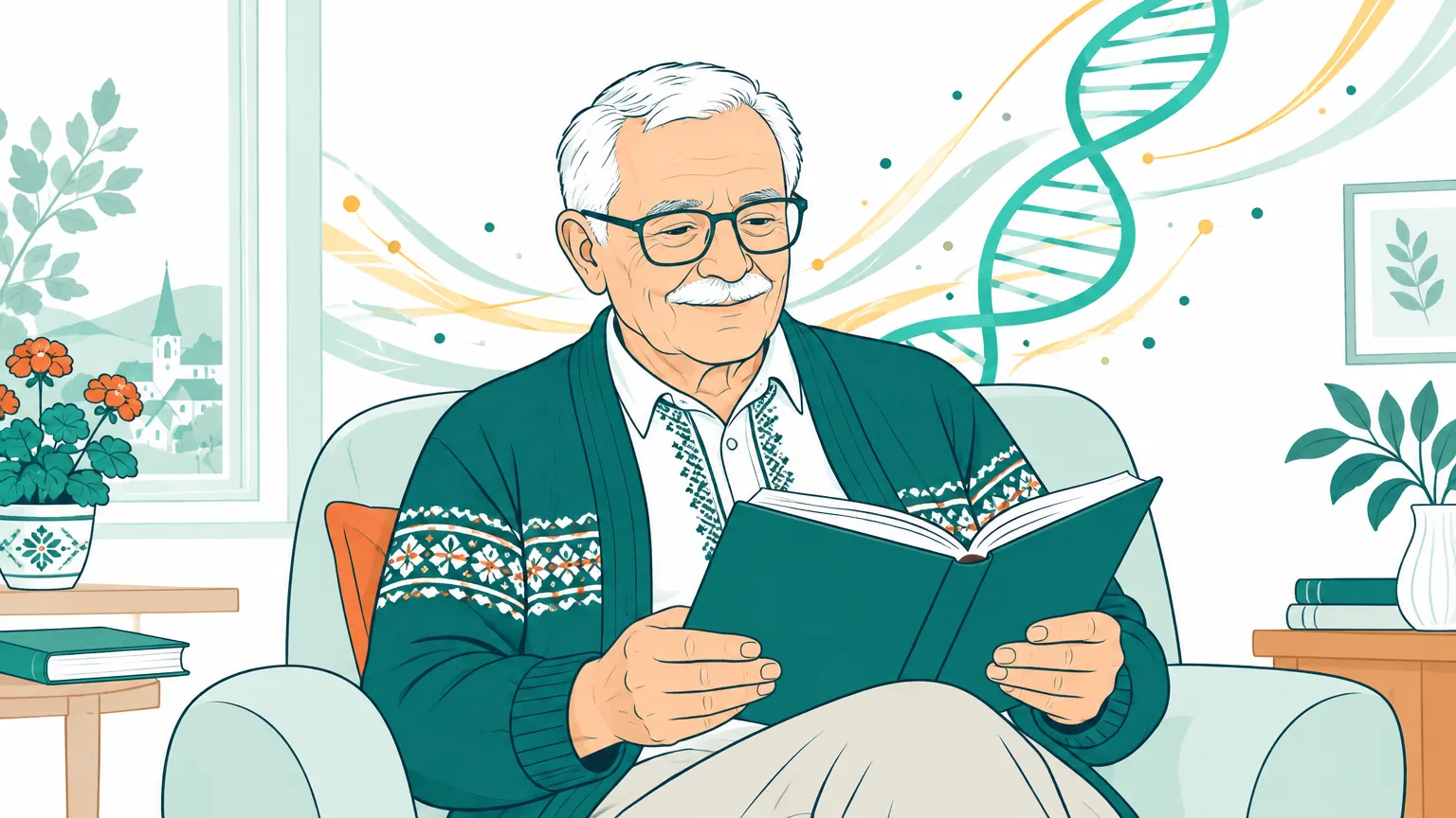 Ilustrație caldă și optimistă cu un bărbat în vârstă care citește liniștit la fereastră, înconjurat de elemente luminoase stilizate ale unei spirale ADN ce sugerează speranța terapiei genice pentru vedere.