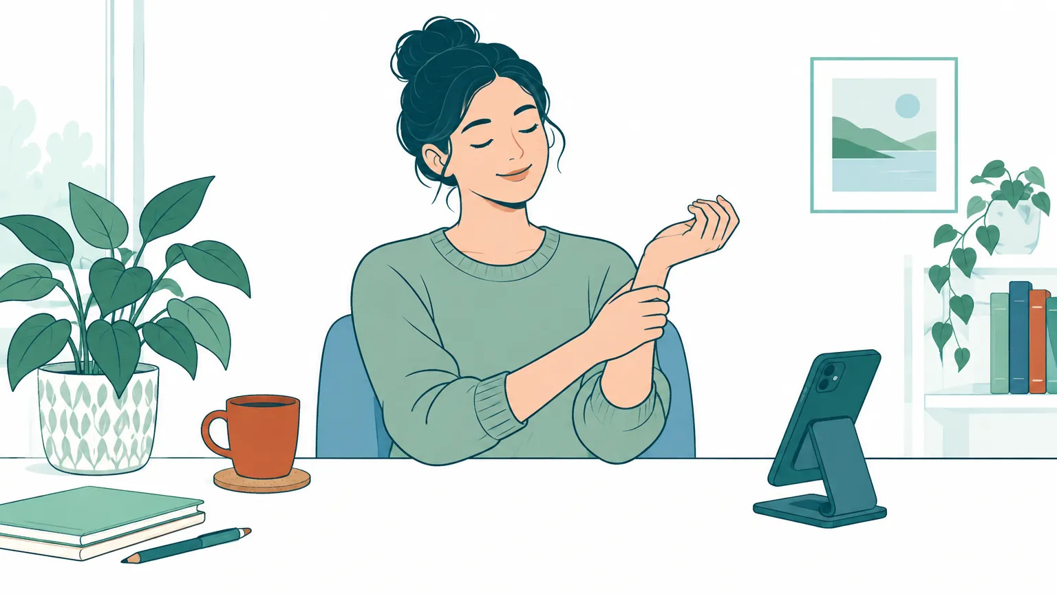 Ilustrație caldă cu o persoană care își masează ușor încheietura mâinii, luând o pauză de relaxare de la utilizarea telefonului mobil așezat pe birou.
