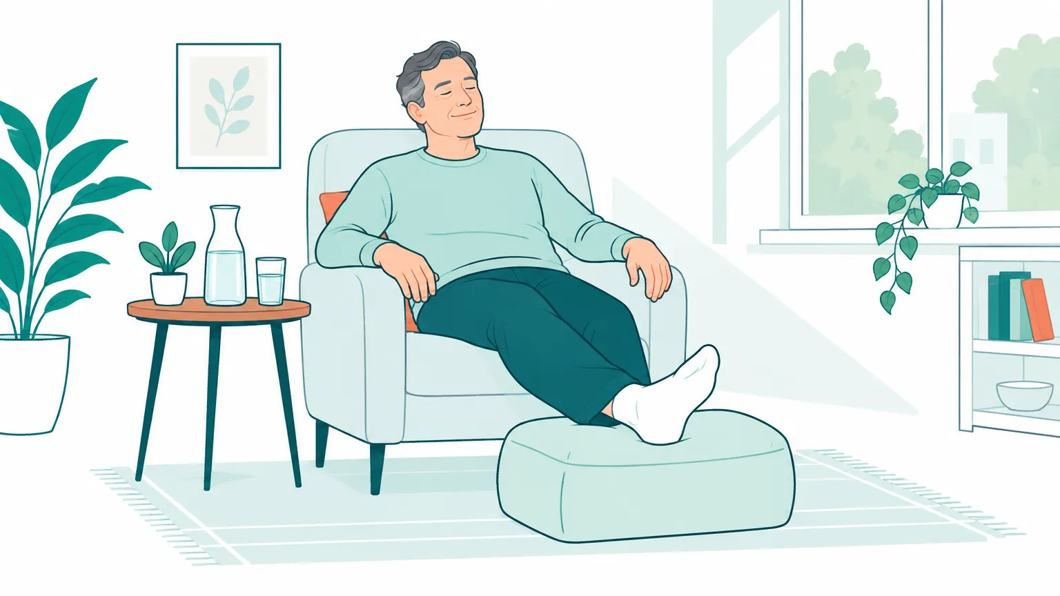 Ilustrație caldă cu un bărbat care se odihnește confortabil într-un fotoliu, cu piciorul așezat pe o pernă moale pentru îngrijirea și relaxarea articulației.