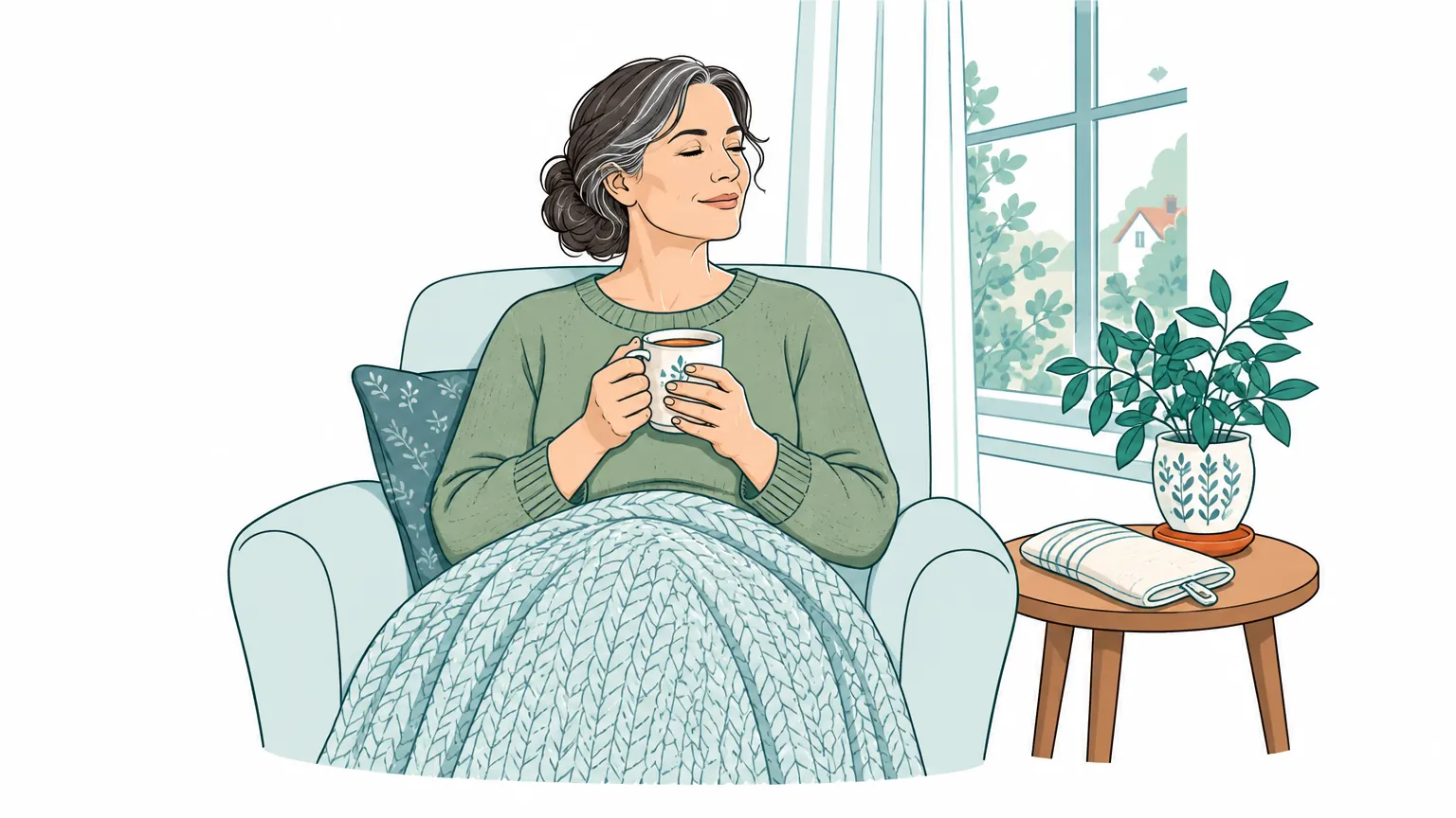 Ilustrație calmă în nuanțe calde cu o femeie așezată confortabil într-un fotoliu, ținând o cană caldă pentru a-și relaxa articulațiile.