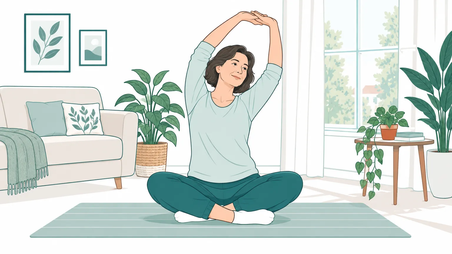 Ilustrație luminoasă cu o femeie de vârstă mijlocie care face exerciții ușoare de stretching într-o cameră primitoare, pentru mobilitatea și sănătatea articulațiilor.