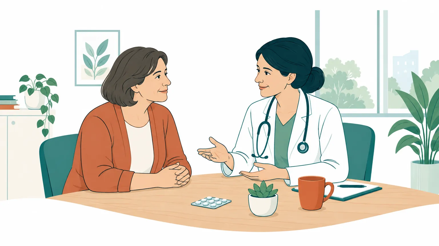 Ilustrație caldă și primitoare reprezentând un medic și un pacient discutând liniștit despre tratament și echilibrul emoțional într-un cabinet luminos.