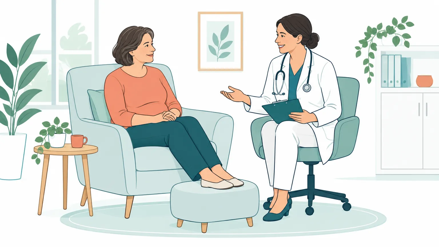 Ilustrație caldă în nuanțe liniștitoare cu o persoană adultă așezată confortabil la o consultație medicală prietenoasă dedicată sprijinului și sănătății.