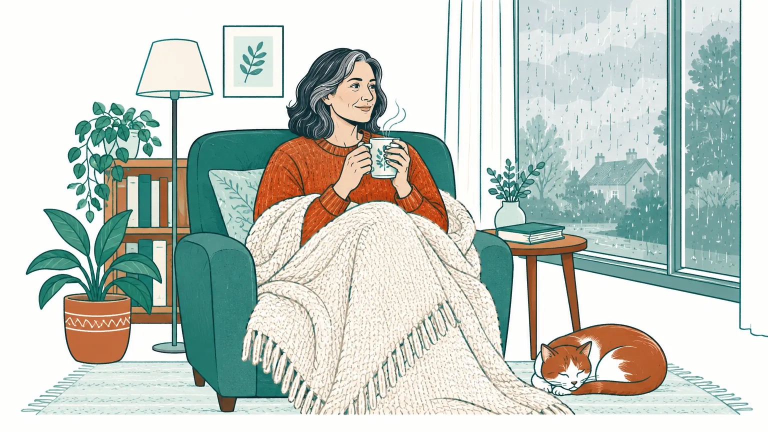 Ilustrație caldă cu o femeie învelită într-o pătură moale, ținând o cană caldă în mâini lângă o fereastră cu stropi de ploaie.