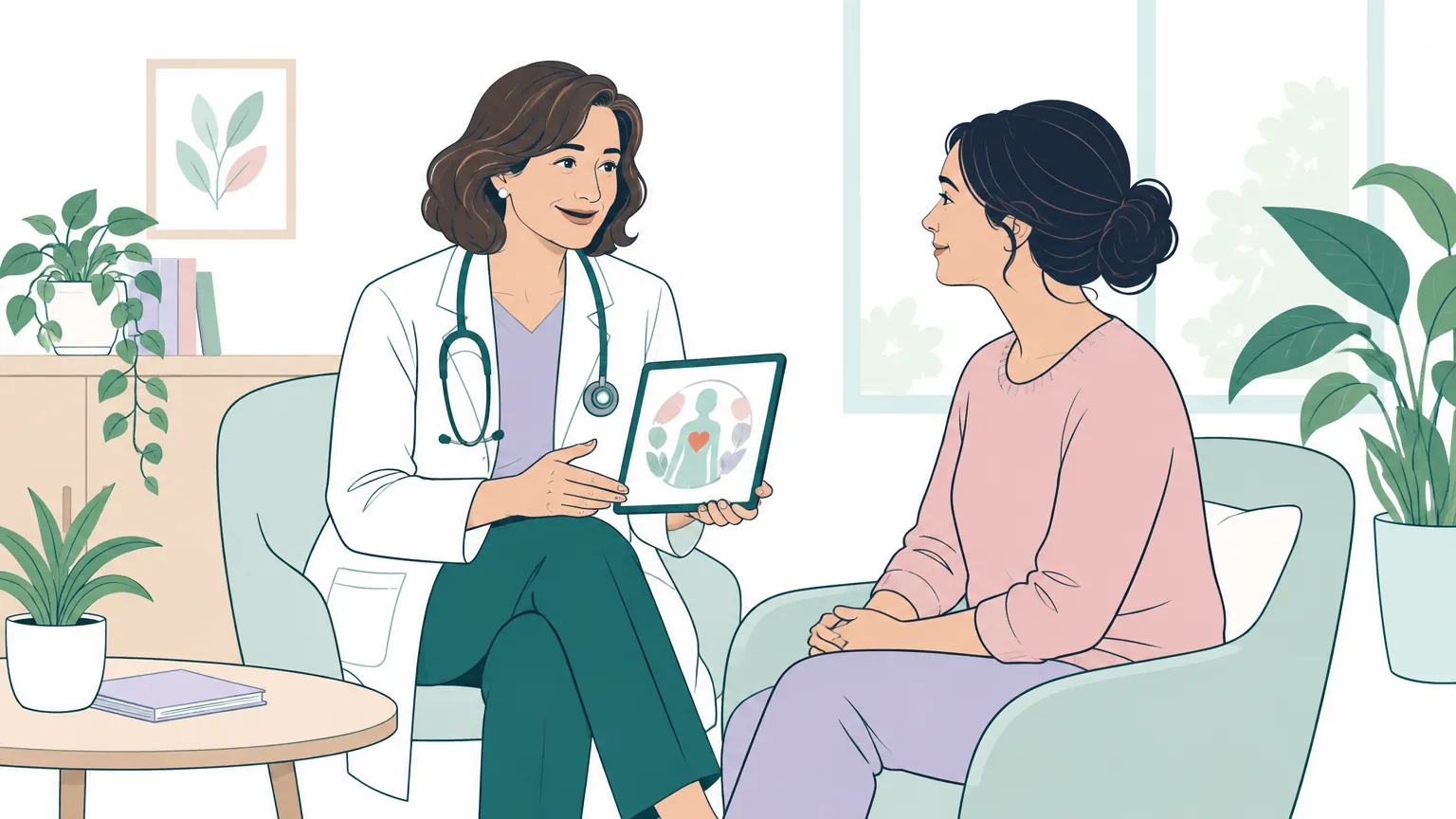 Ilustrație blândă în tonuri pastelate reprezentând o femeie discutând liniștită cu un medic specialist într-un cabinet luminos.