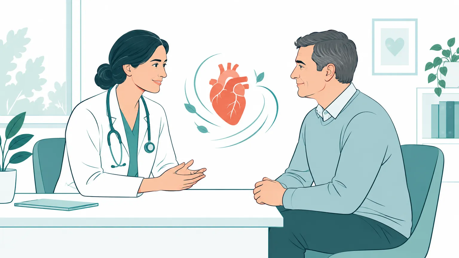 Ilustrație caldă reprezentând o consultație cardiologică optimistă între un medic și un pacient matur, punând accentul pe sănătatea și susținerea inimii.