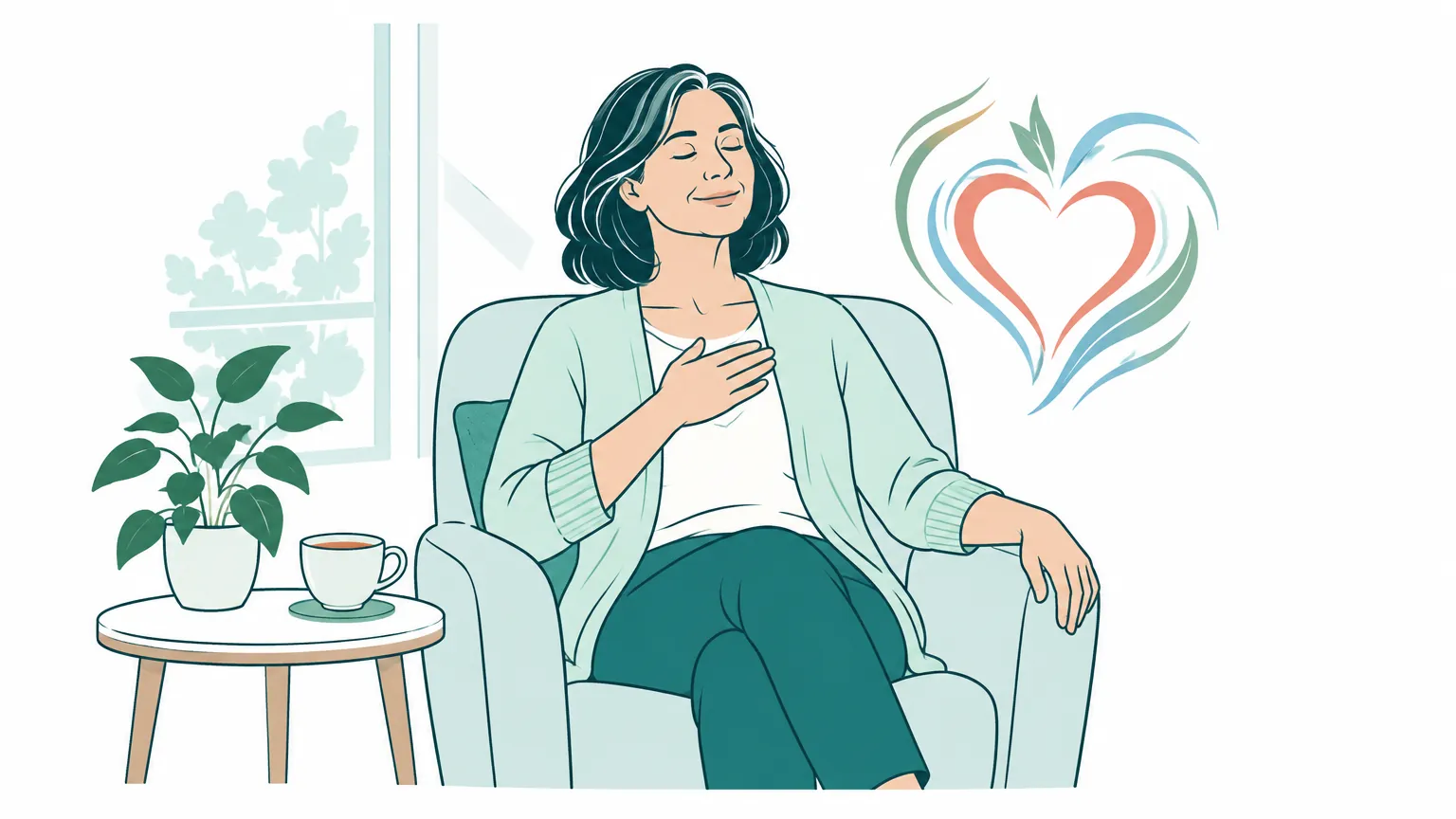 Ilustrație caldă în culori pastelate cu o femeie așezată pe fotoliu, ținând mâna pe piept lângă un contur stilizat al inimii, simbolizând liniștea și sănătatea cardiovasculară.