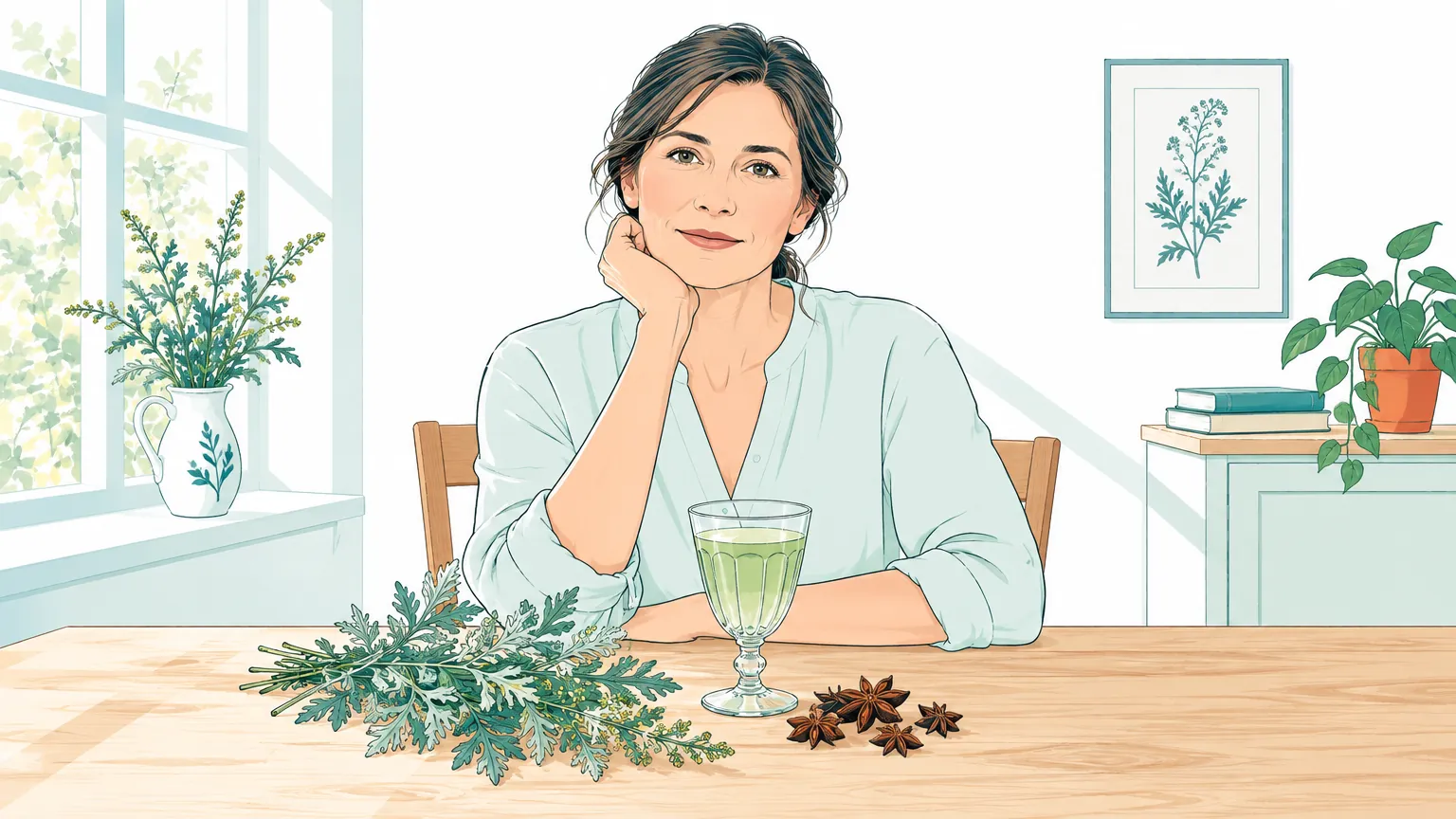 Ilustrație în tonuri calde ce înfățișează o femeie privind calm o crenguță de pelin lângă un pahar cu băutură verde pal, evocând o perspectivă științifică și echilibrată asupra absintului.