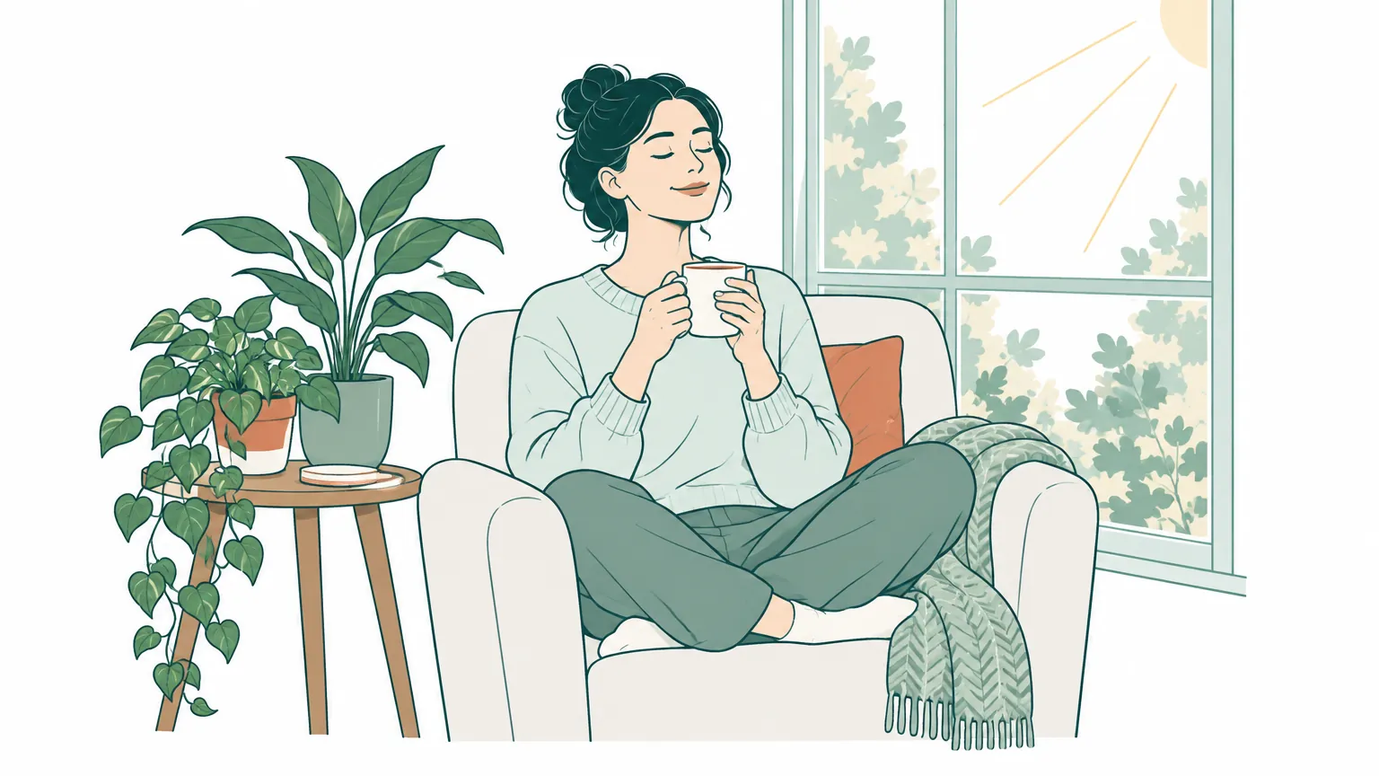 Ilustrație liniștitoare cu o femeie care se relaxează cu o cană caldă lângă o fereastră însorită, simbolizând refacerea și calmul după stres.
