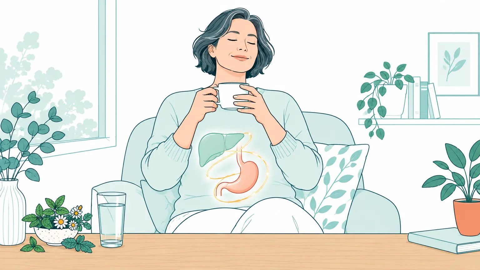Ilustrație medicală liniștitoare cu o persoană relaxată și contururi stilizate în culori calde ale stomacului și ficatului, simbolizând echilibrul digestiv.